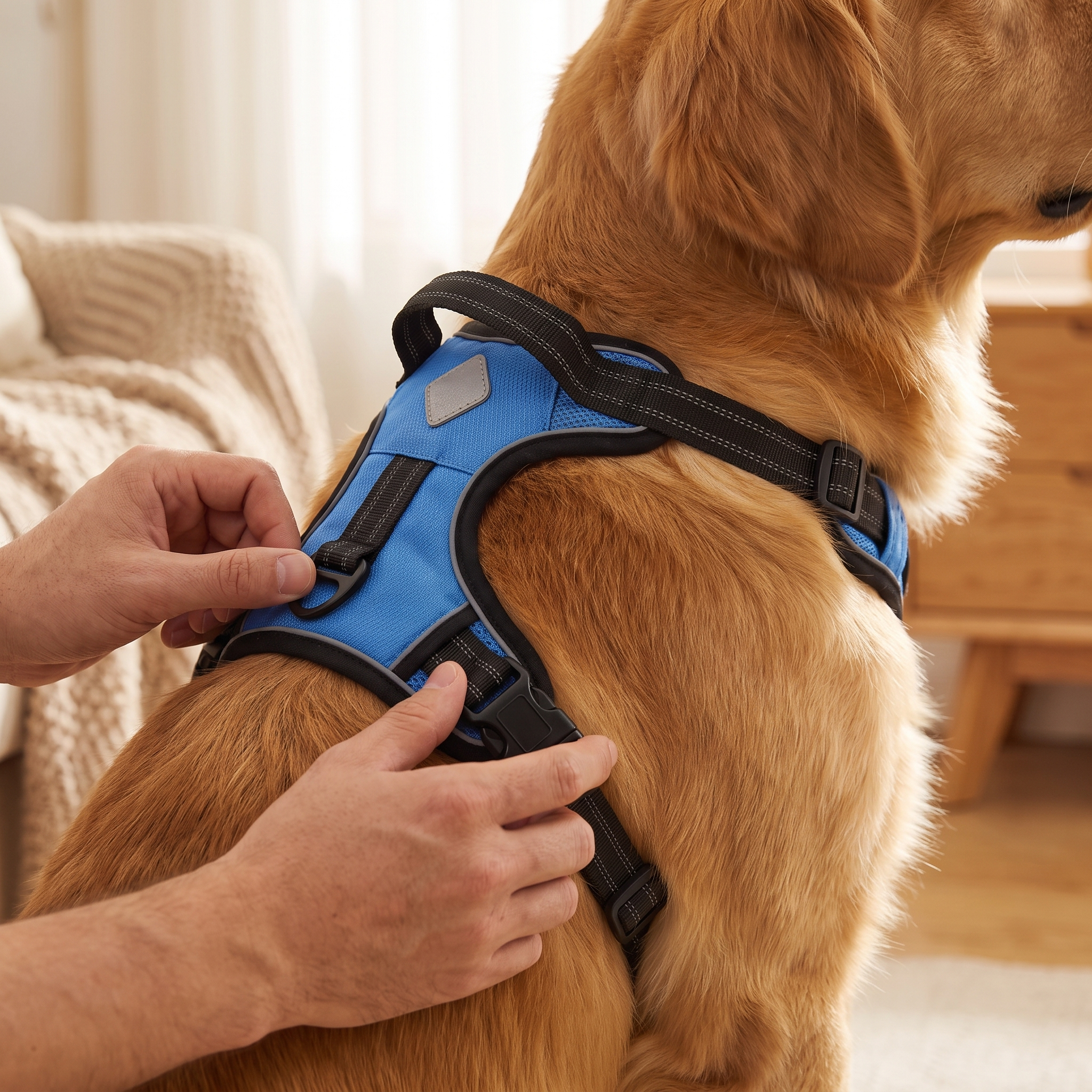 Adjusting the sky blue Snug harness on a golden retriever