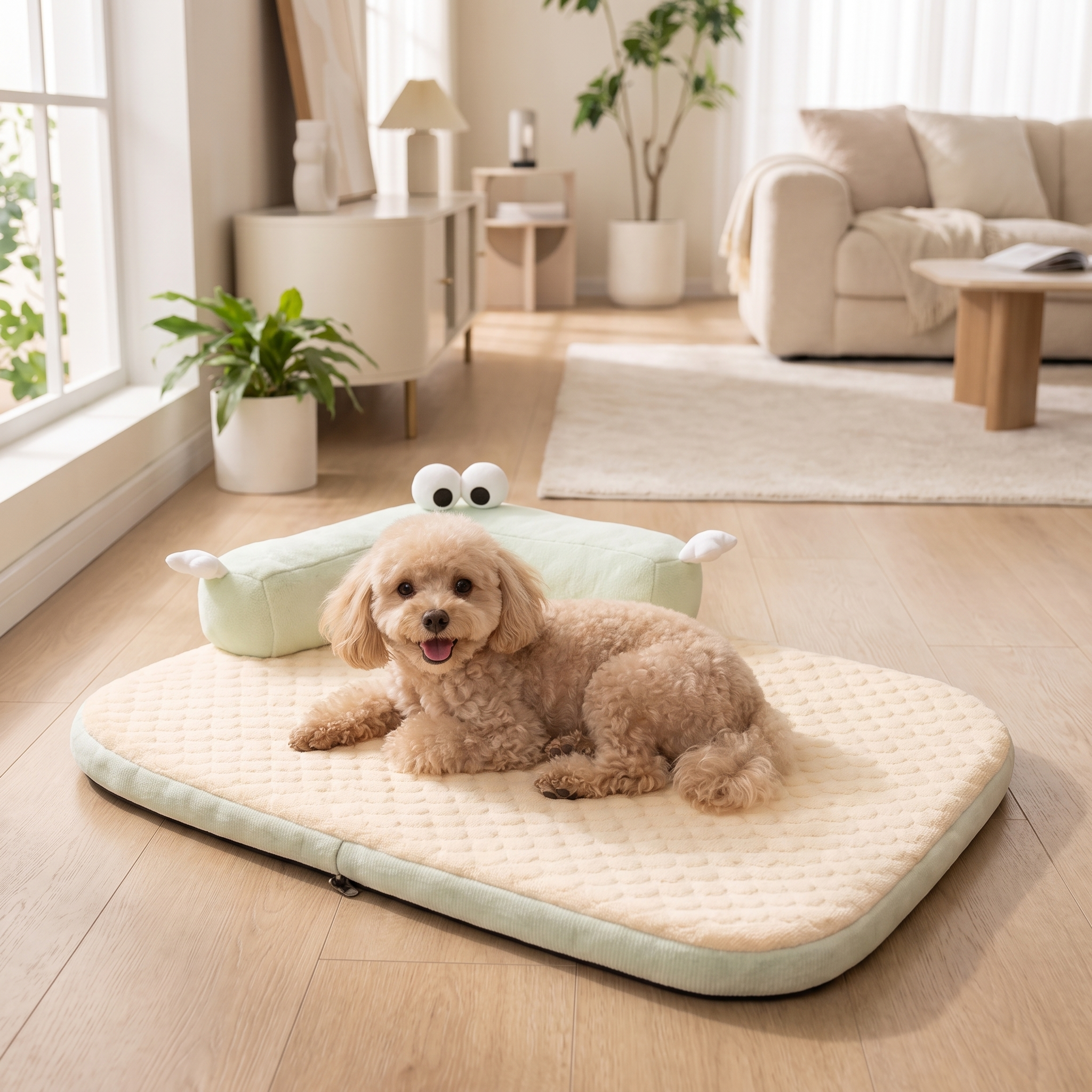 Small dog resting on the Breezy beige cooling mat with cute green frog bolster