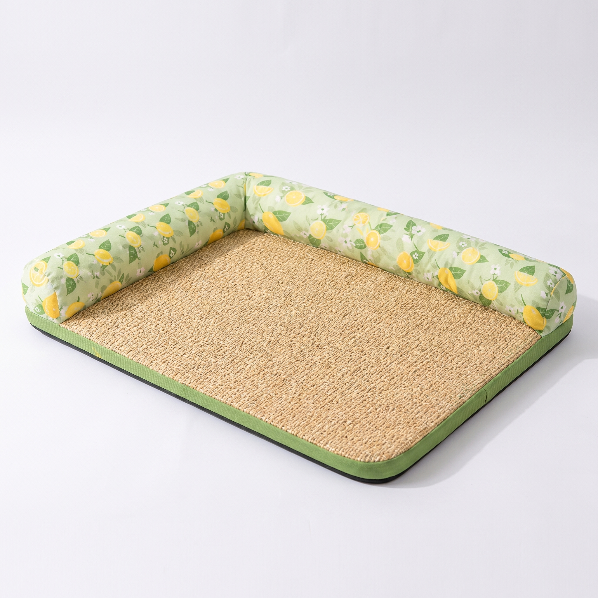 Zest cooling bolster dog bed with woven surface and lemon-print bolster