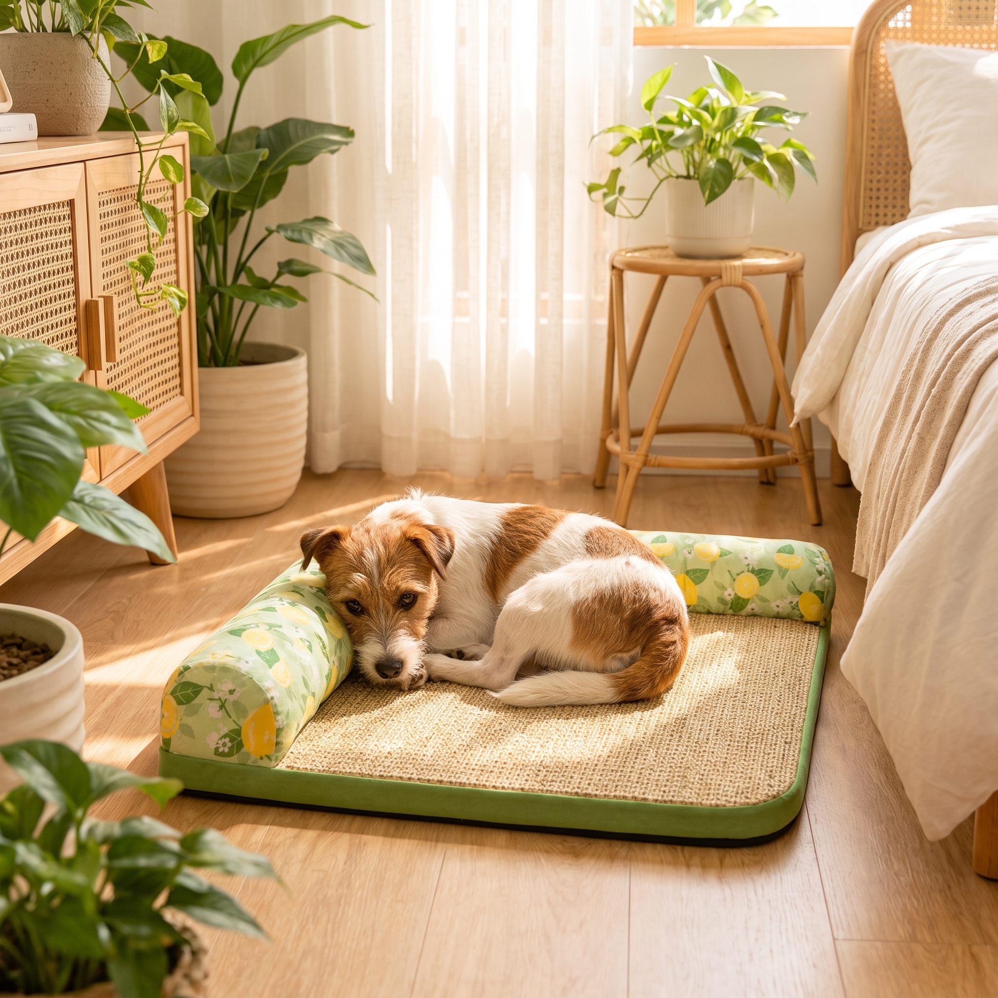 Small dog relaxing against the bolster on the Zest cooling dog bed