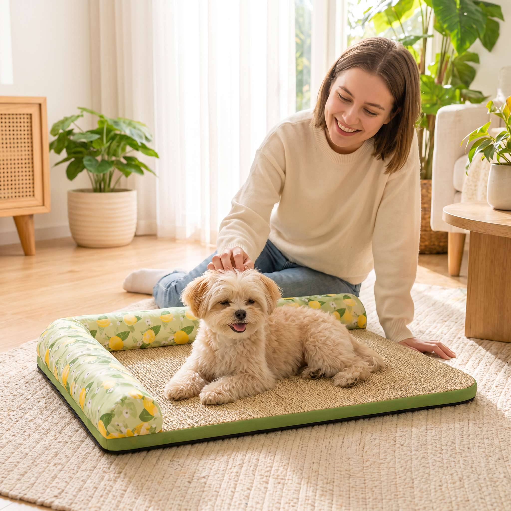 Woman with her small dog on the Zest cooling bolster dog bed