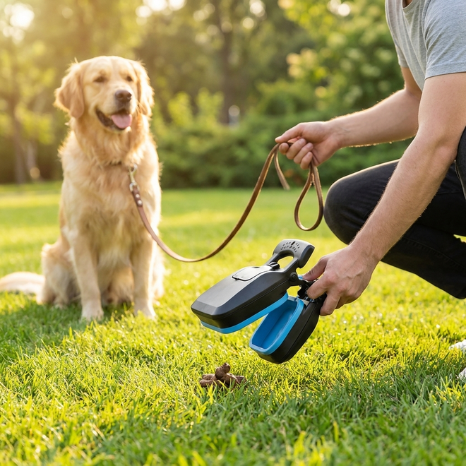Owner using the Tidy scooper for a one-hand no-touch pickup on the grass while their dog waits