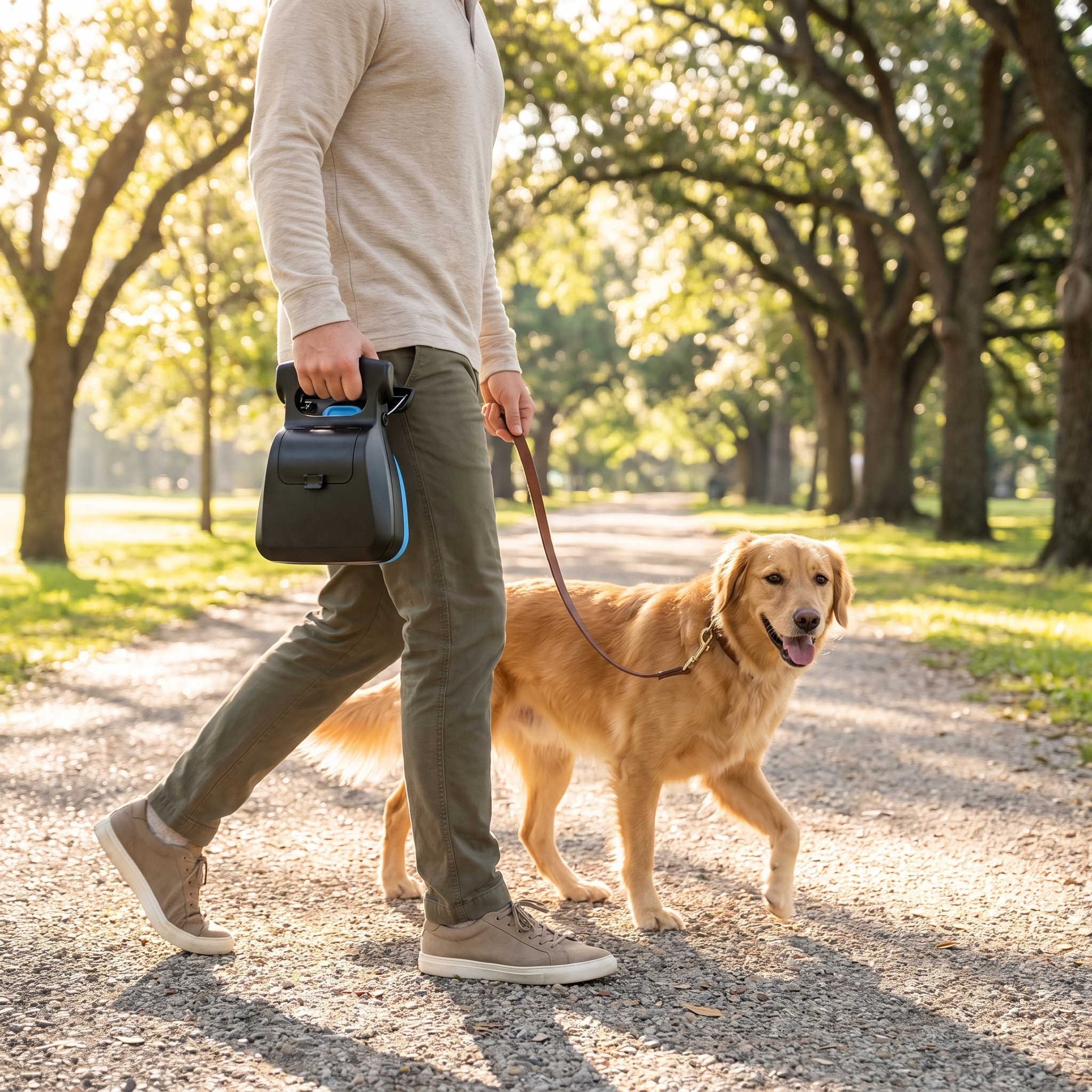 Dog owner walking their dog while carrying the folded Tidy scooper