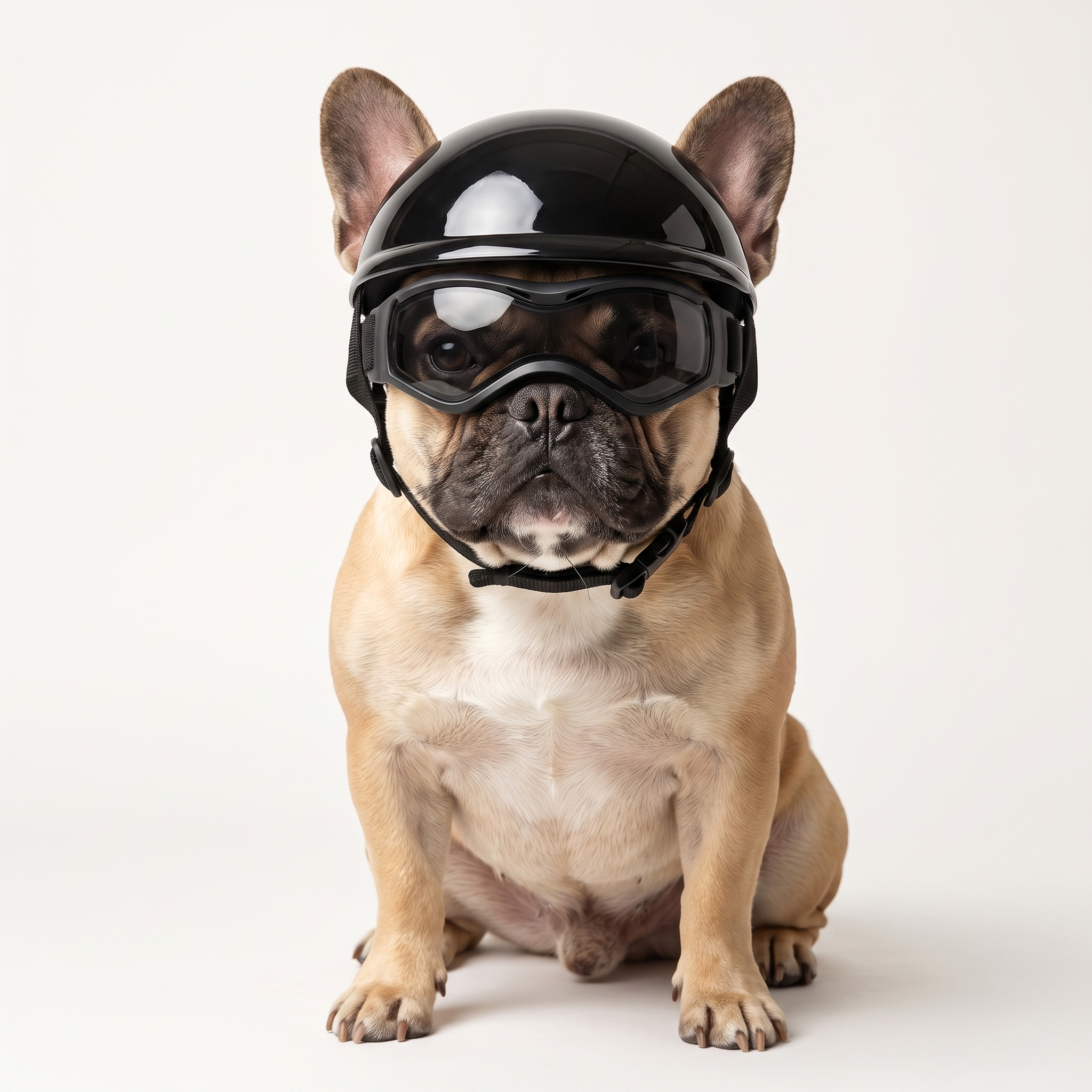 Small dog wearing the black Maverick dog helmet and goggles set