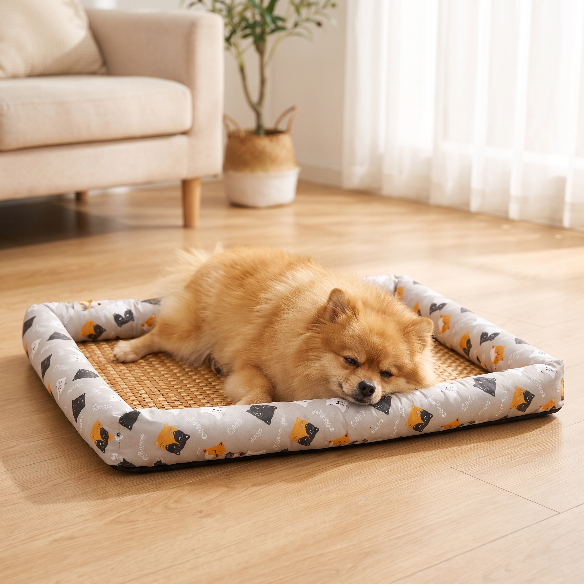 Small fluffy dog resting on the Willow cooling dog mat