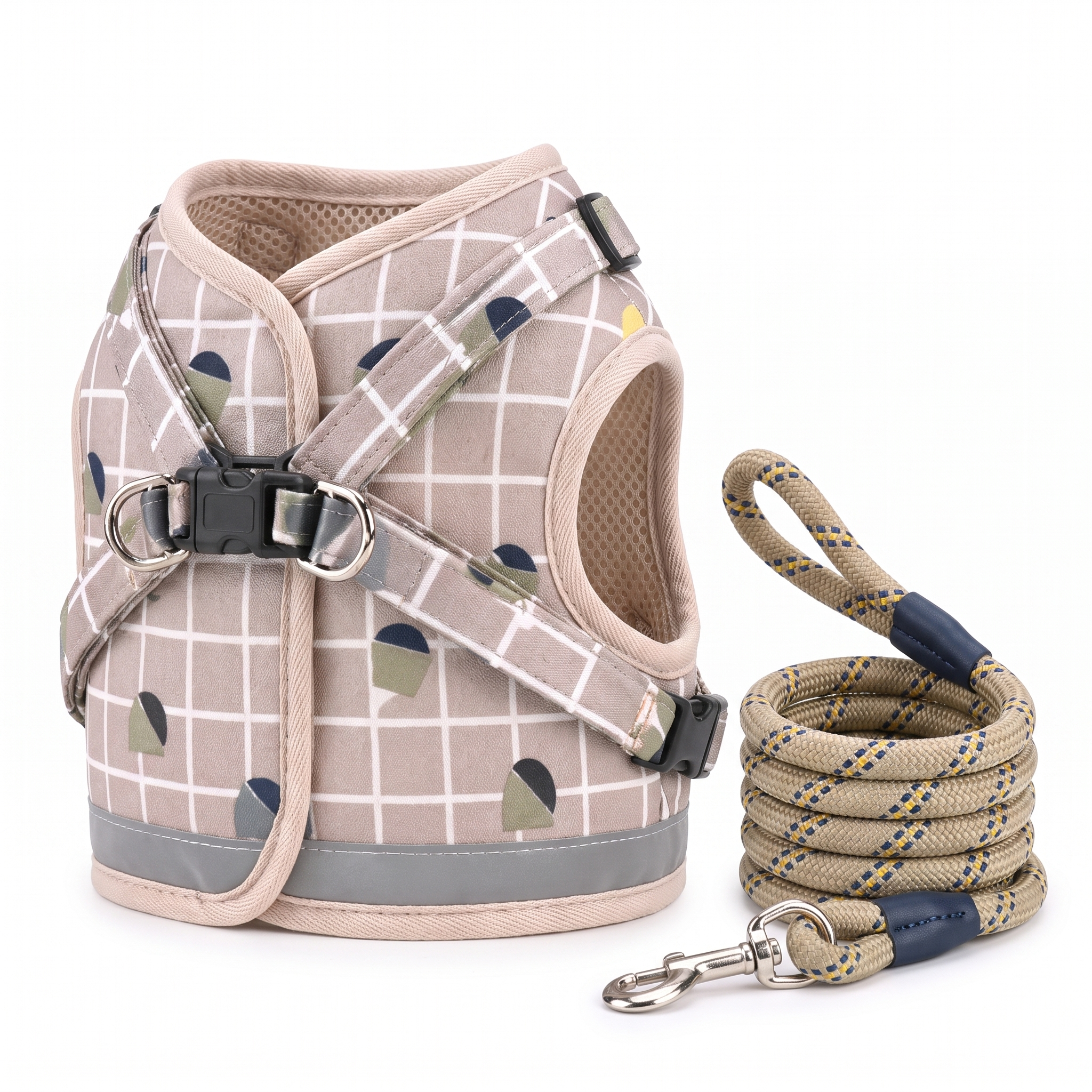 Rowan plaid dog harness and leash set in Khaki