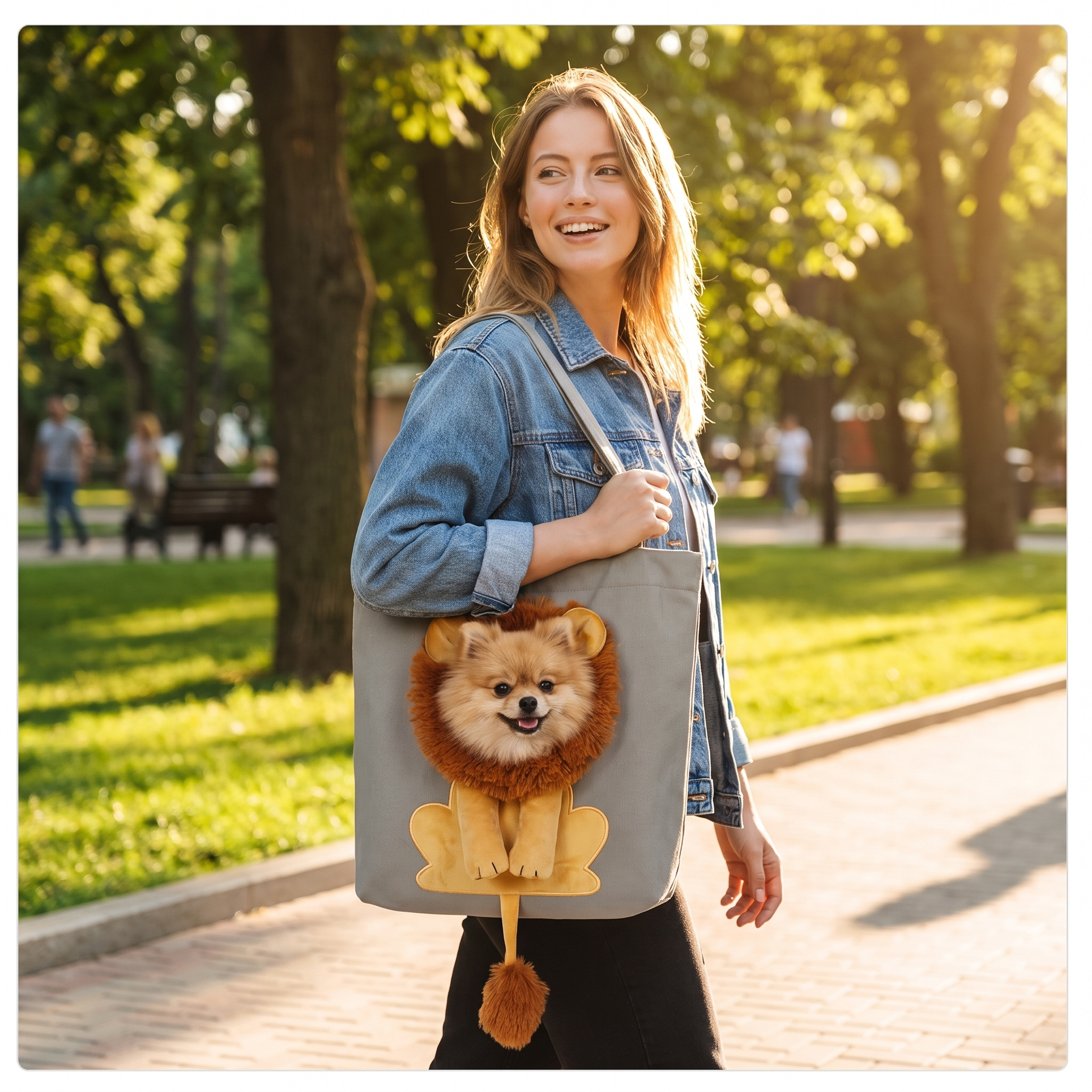 Leo Lion Dog Carrier Tote — woman carrying her small Pomeranian peeking out of the lion-mane opening in a park
