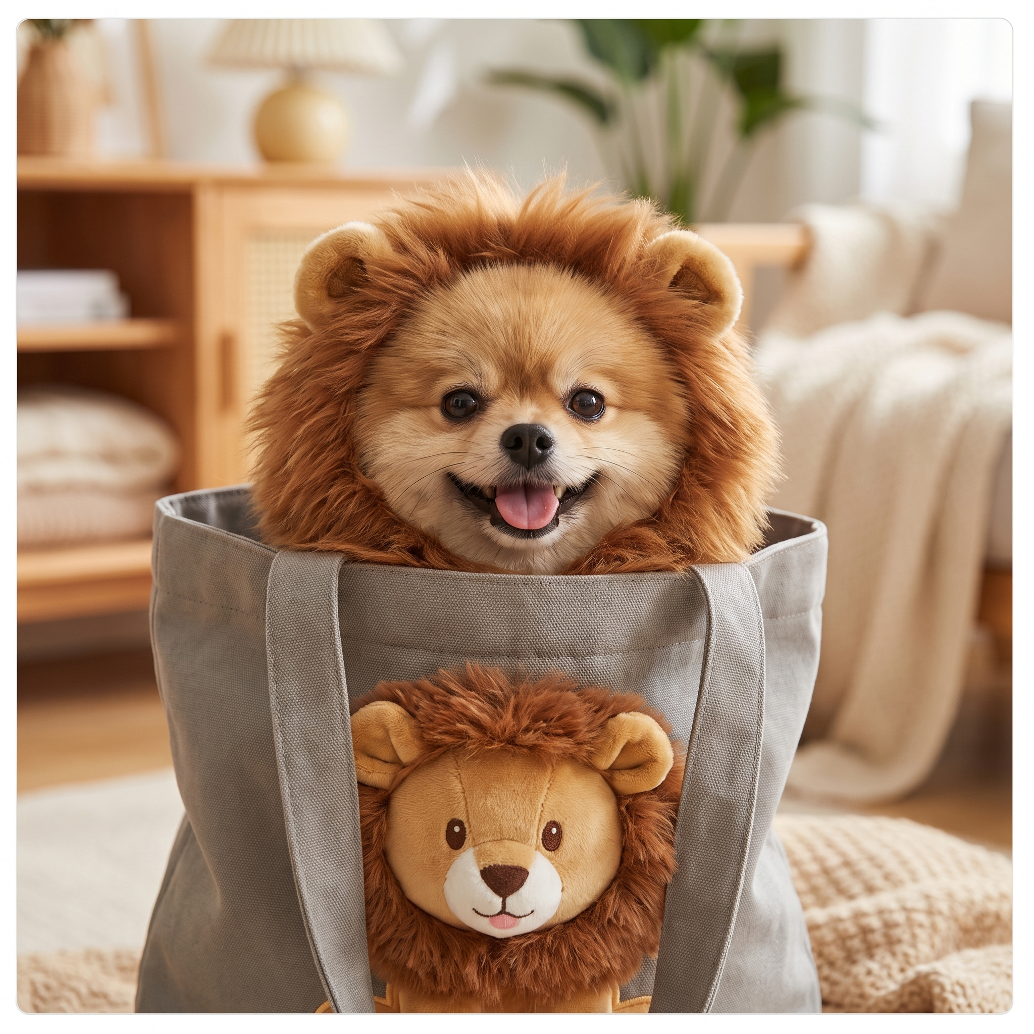 Leo Lion Dog Carrier Tote — close-up of a fluffy dog's face framed by the plush lion-mane collar