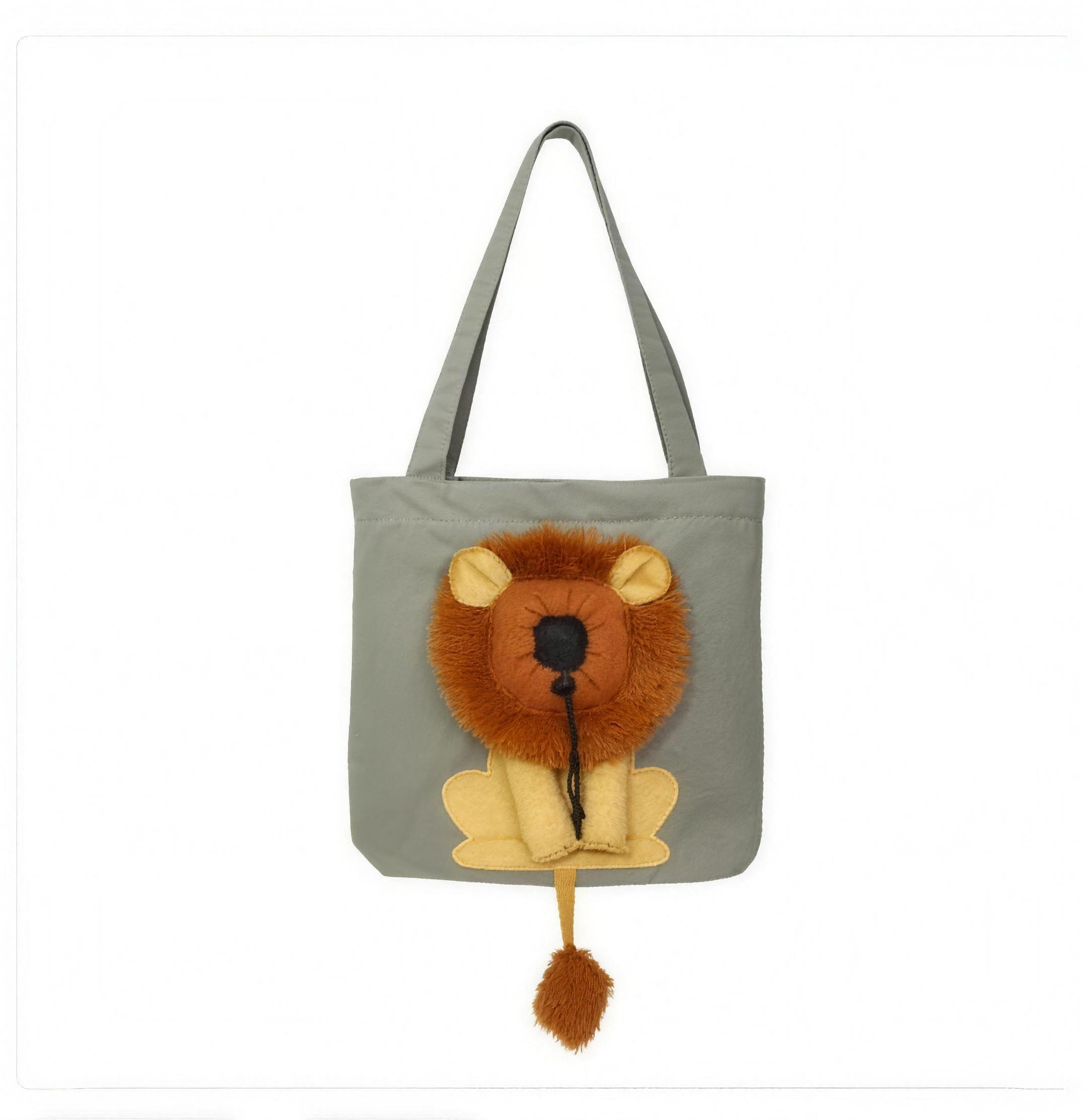 Leo Lion Dog Carrier Tote in Dark Grey — canvas shoulder tote with a plush lion-mane opening, paw appliqué, and pom-pom tail