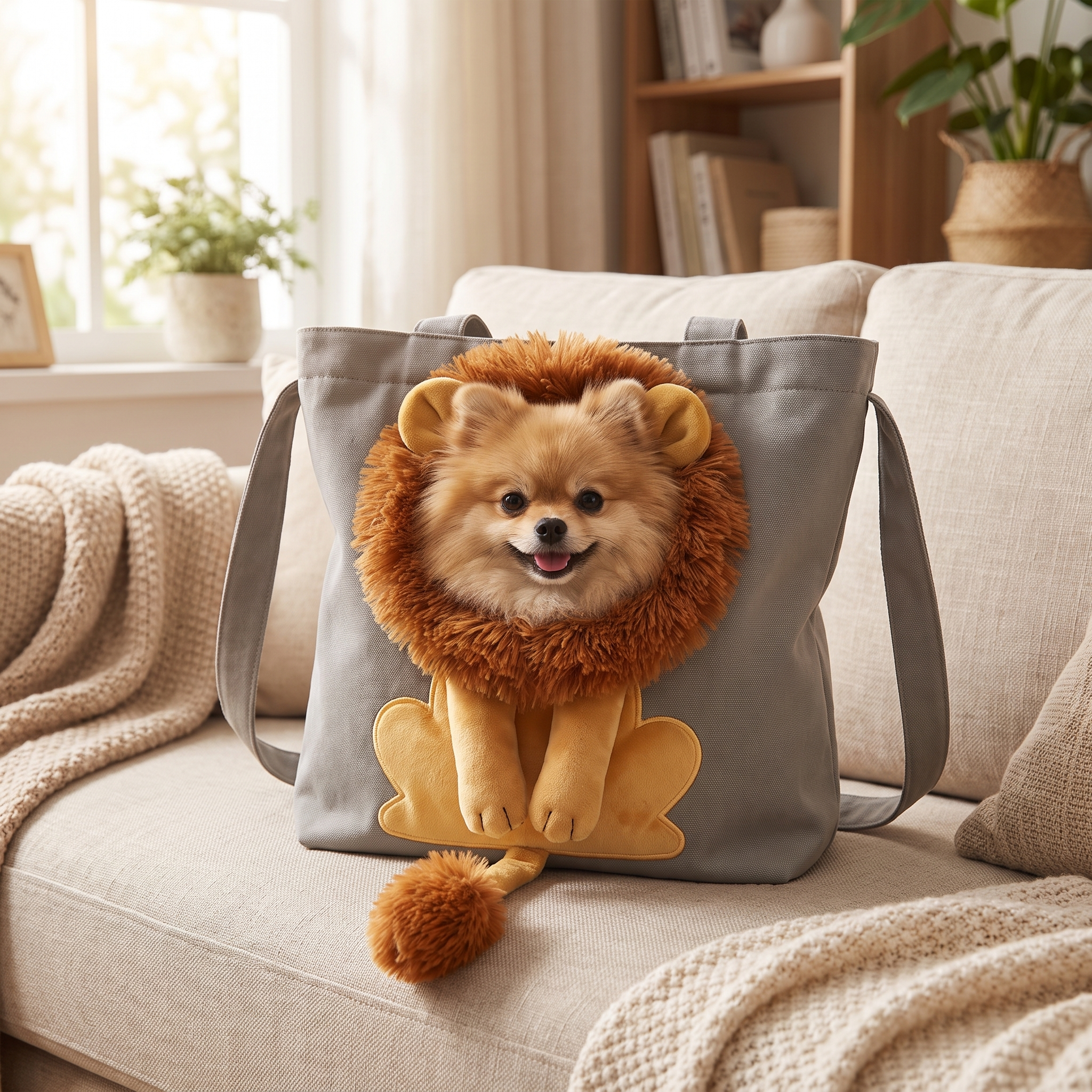 Leo Lion Dog Carrier Tote — Pomeranian relaxing in the lion tote on the sofa at home