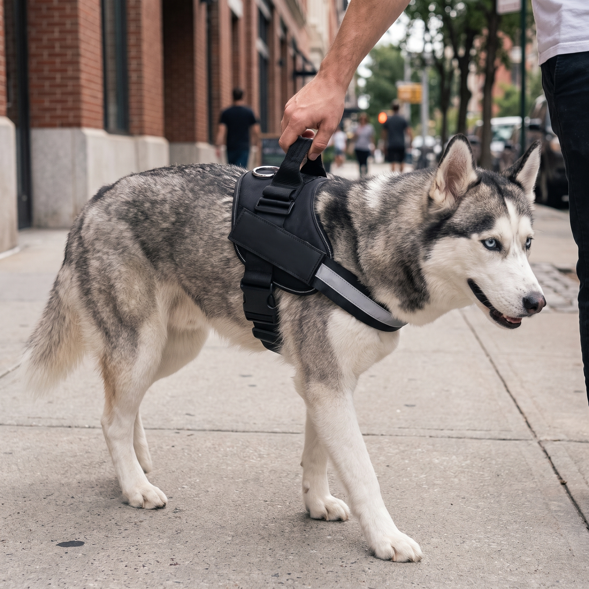 Husky wearing the black Steady No-Pull Dog Harness while its owner holds the top control handle