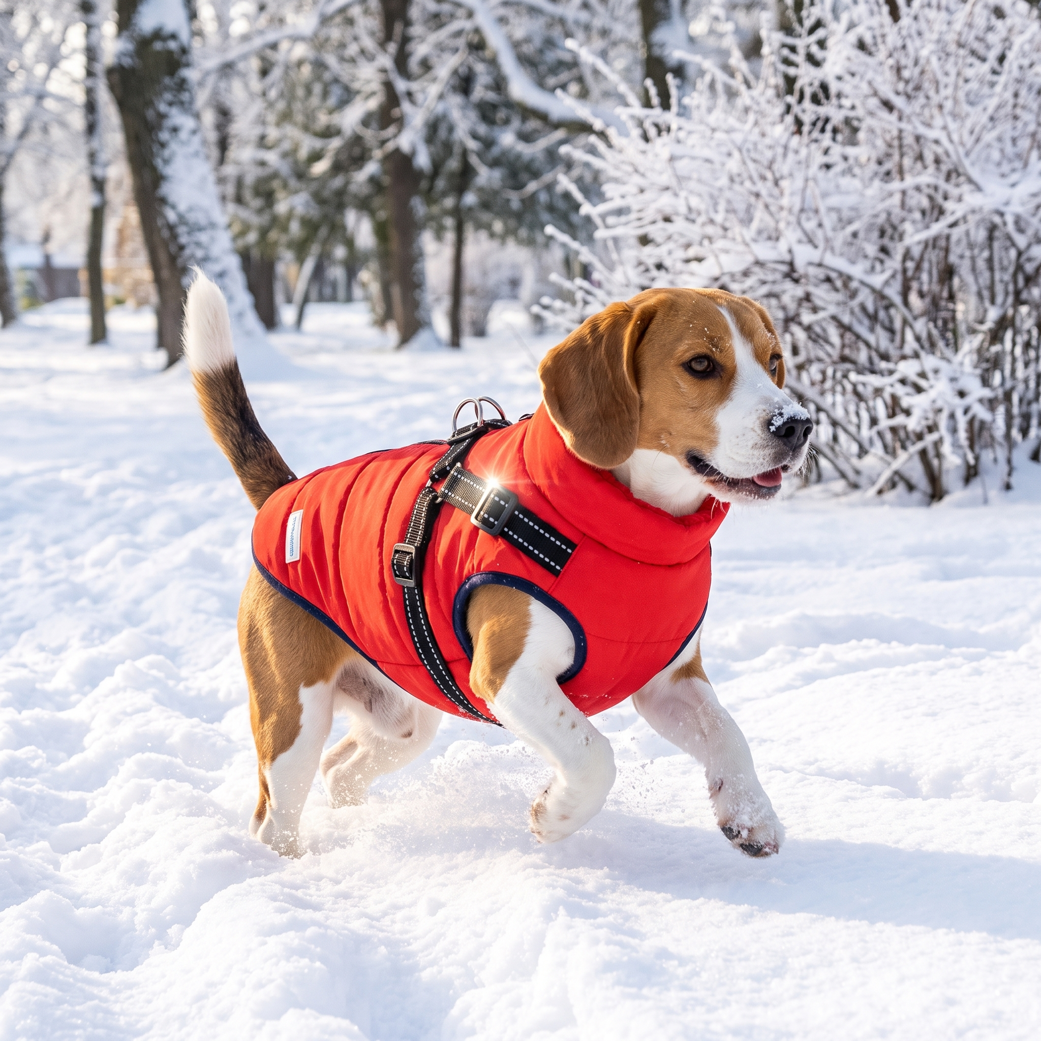Beagle wearing the red Aspen waterproof winter dog coat walking through snow
