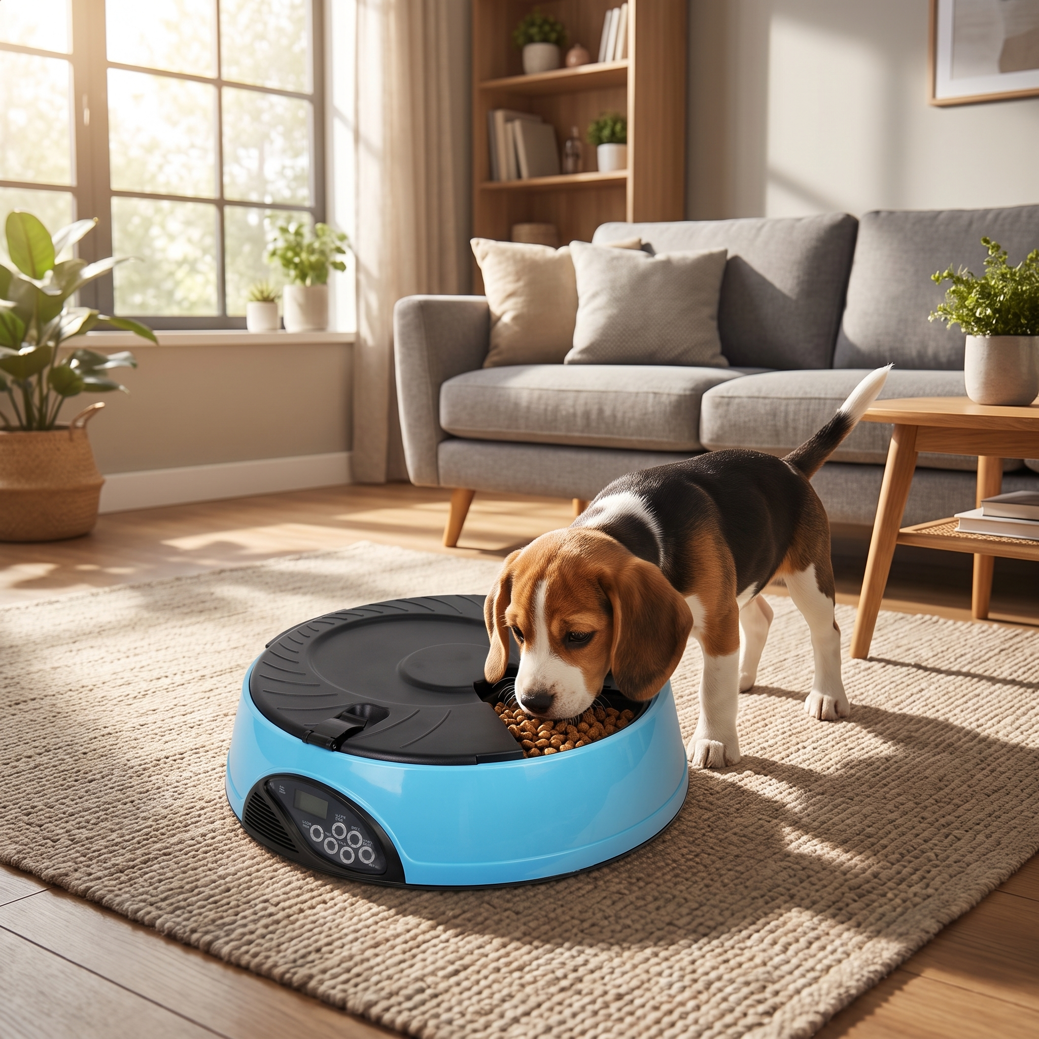 Beagle eating from the Blue Butler automatic dog feeder in a living room