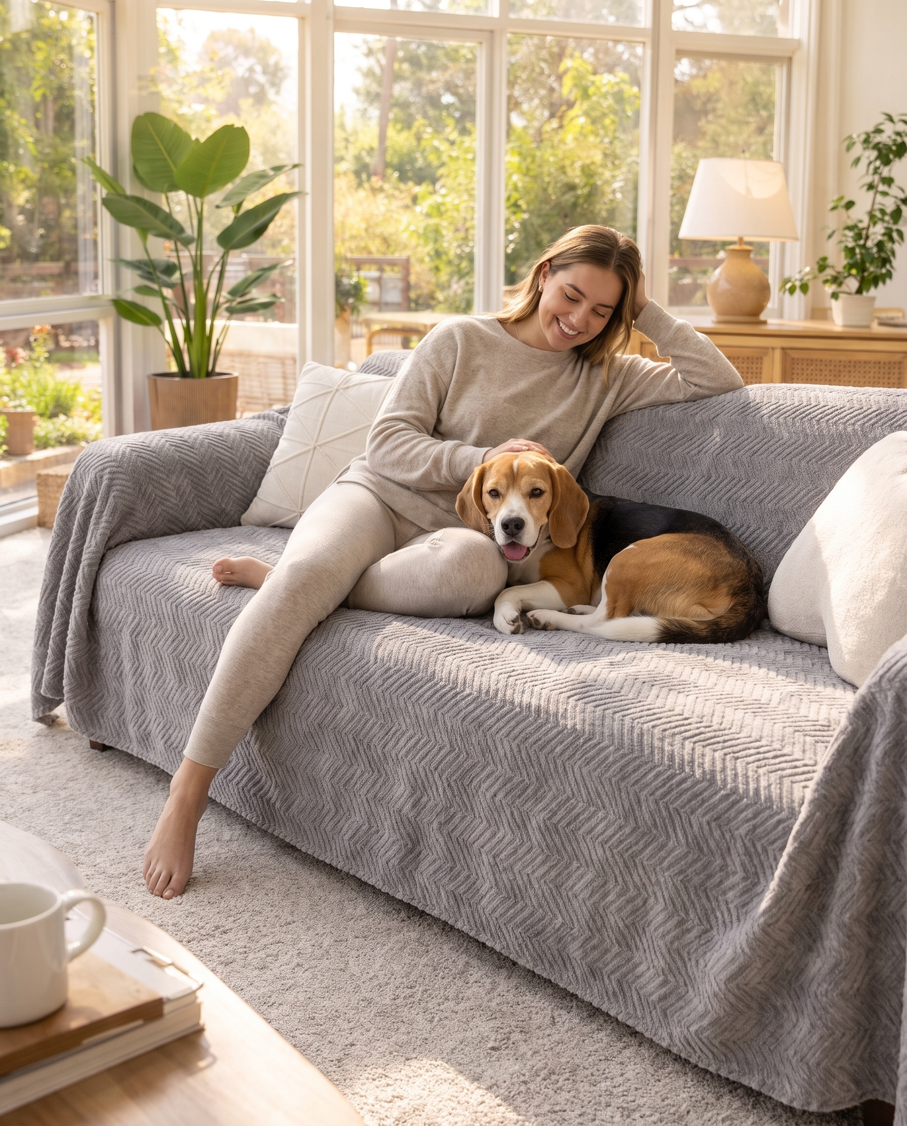 A woman relaxing on a grey Cove chenille-covered sofa with her beagle curled up beside her