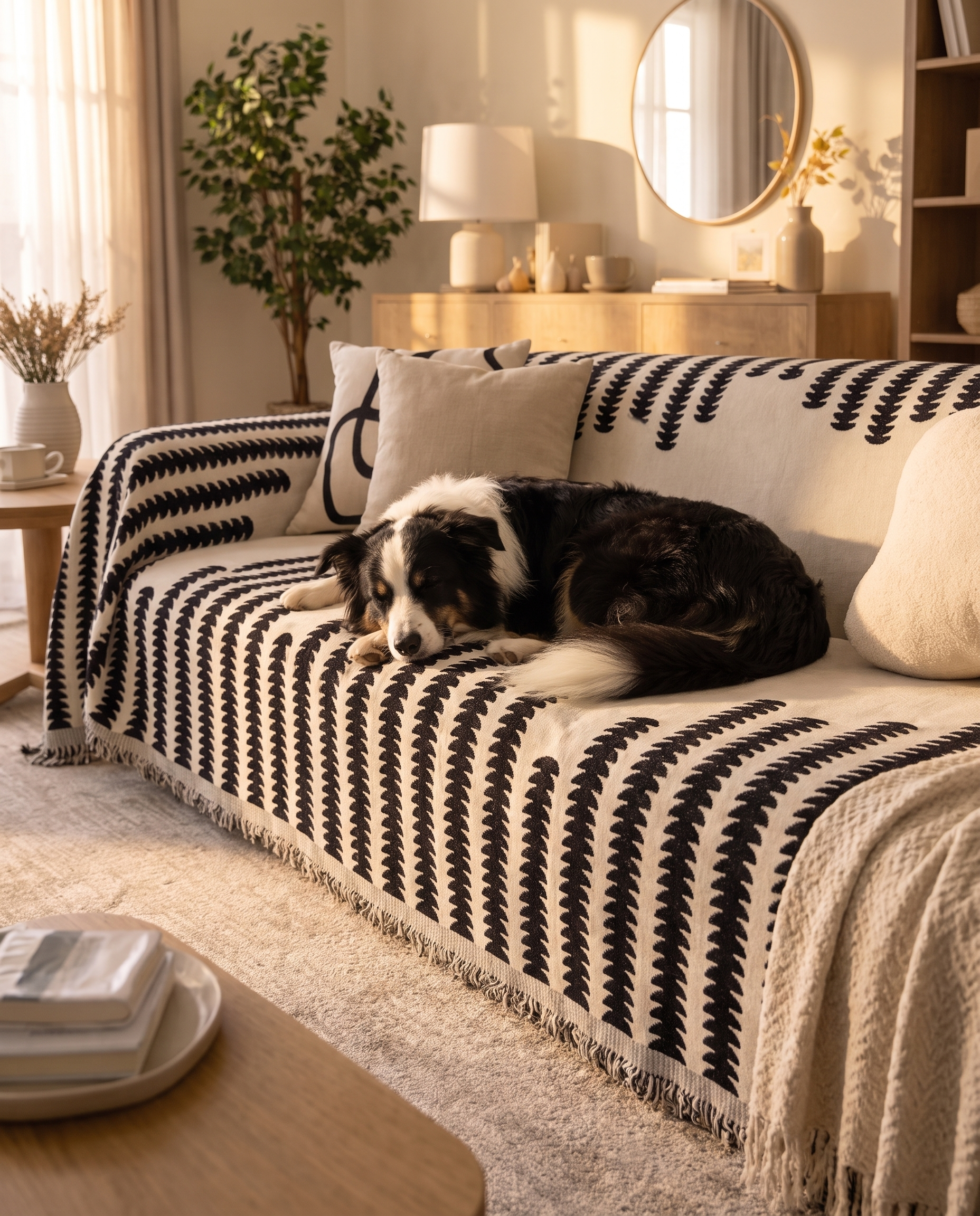 A border collie curled up on a black-and-cream Cove chenille-covered sofa in a cozy living room