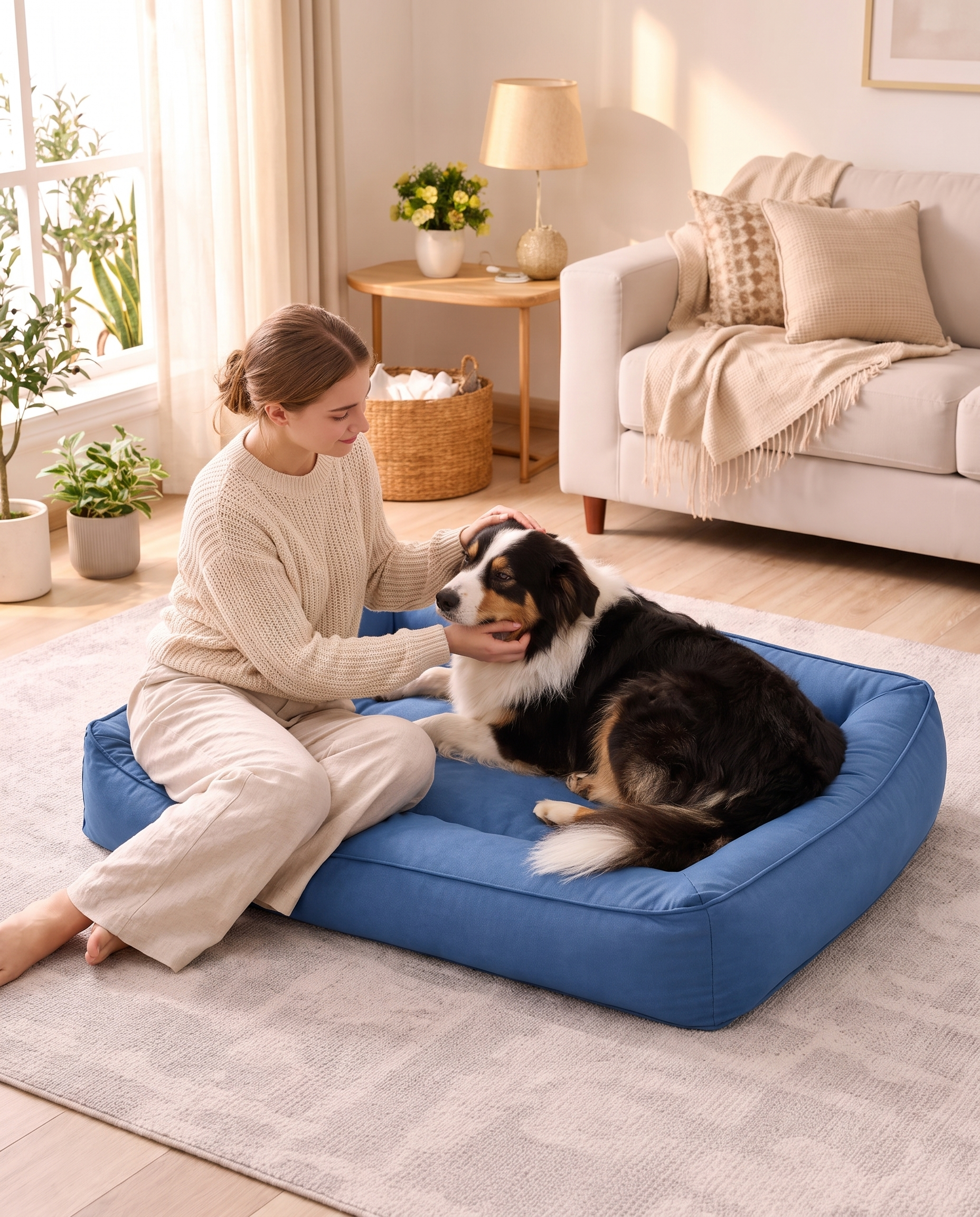 A woman relaxing beside her dog resting in a blue Dozer Orthopedic Bolster Dog Bed
