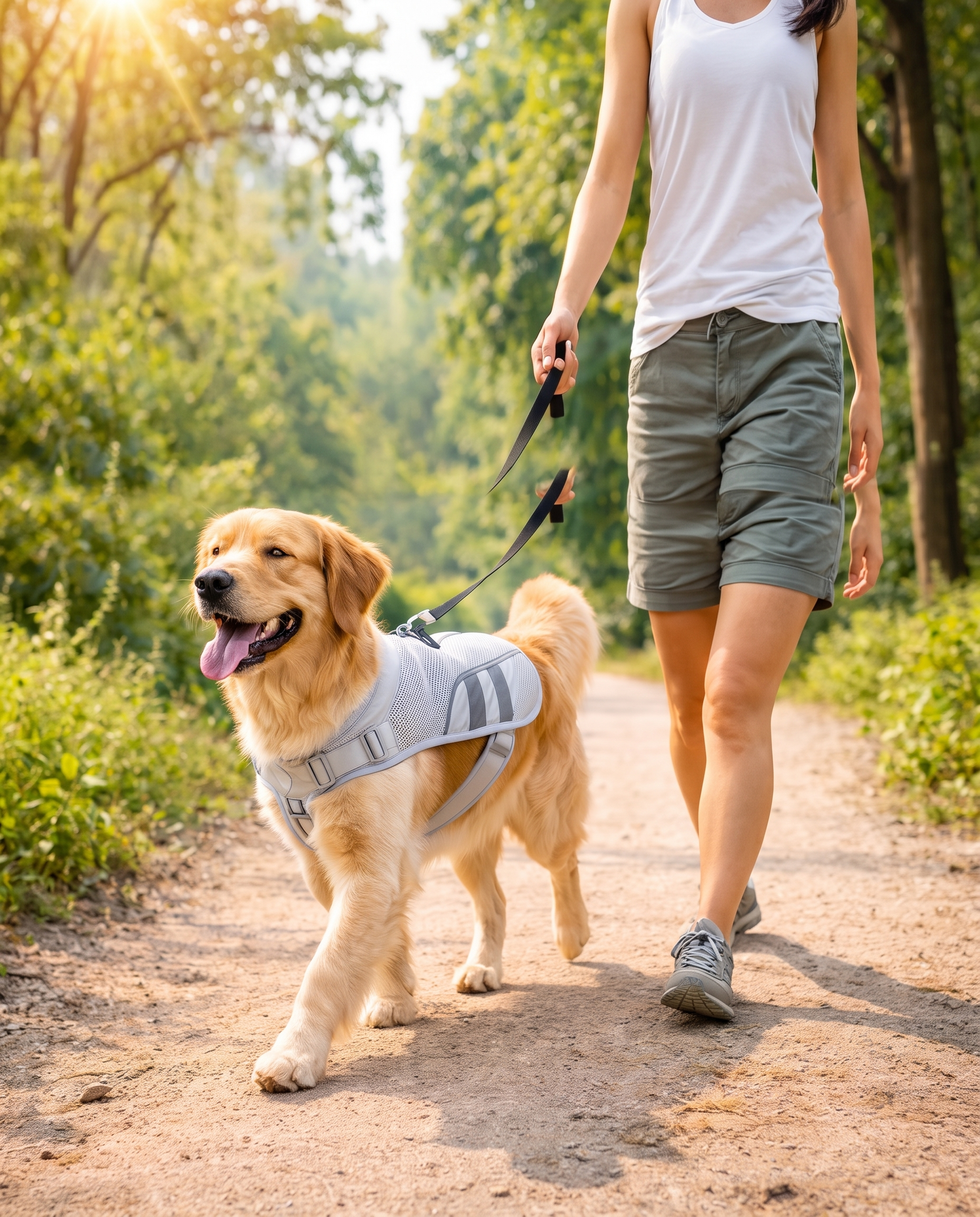 A woman hiking with her golden retriever wearing the Chill Cooling Dog Vest on a sunny trail