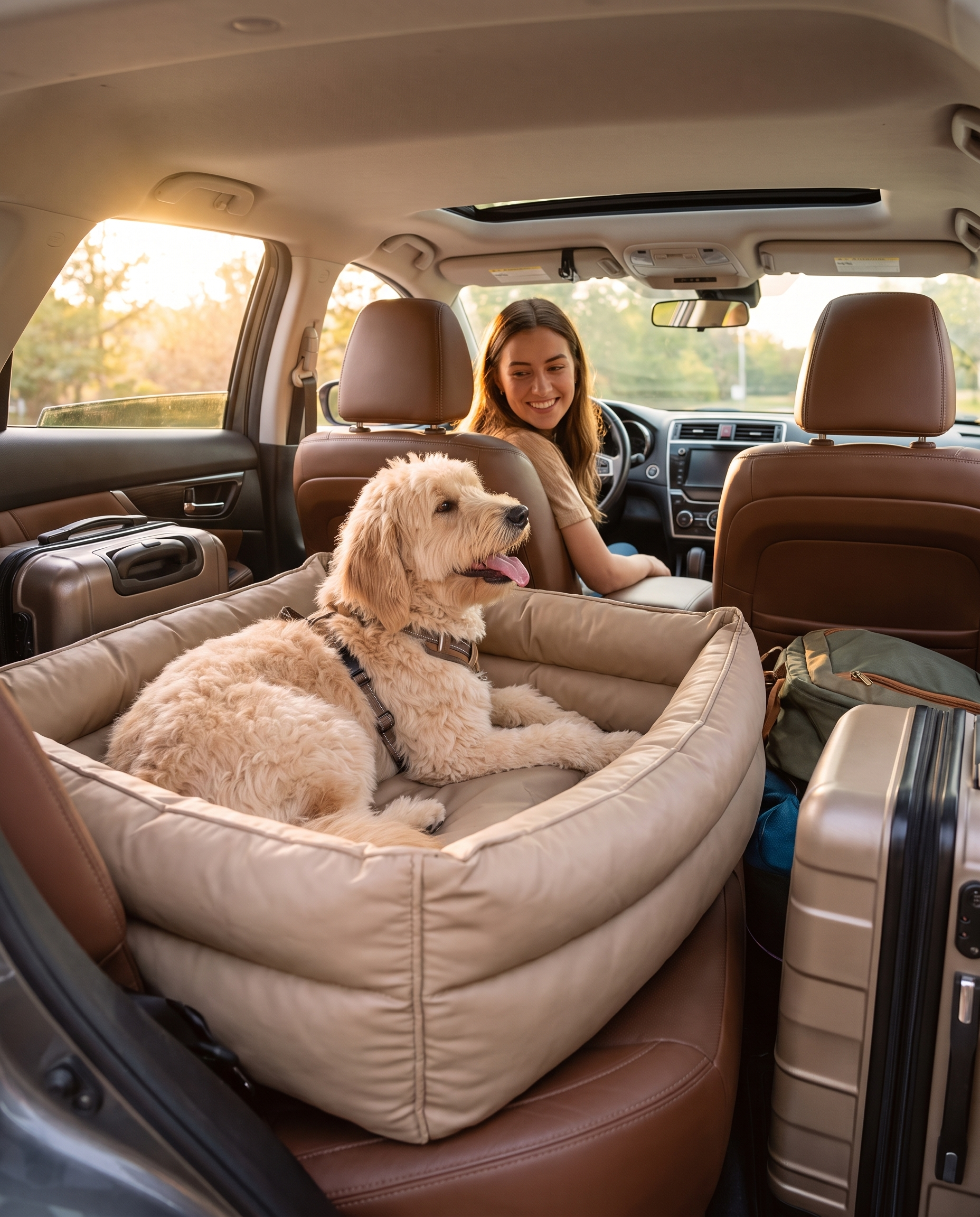 A woman on a road trip with her dog riding in the Nomad Dog Car Booster Seat