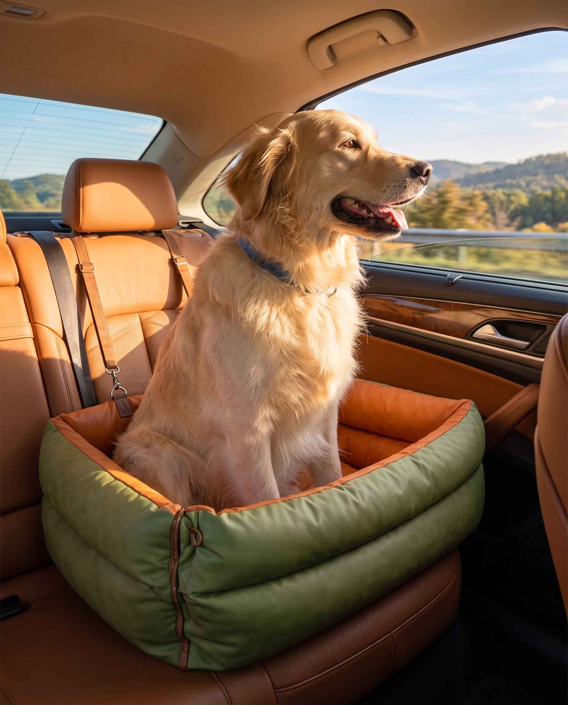 A golden retriever looking out the car window from the orange-green Nomad Dog Car Booster Seat