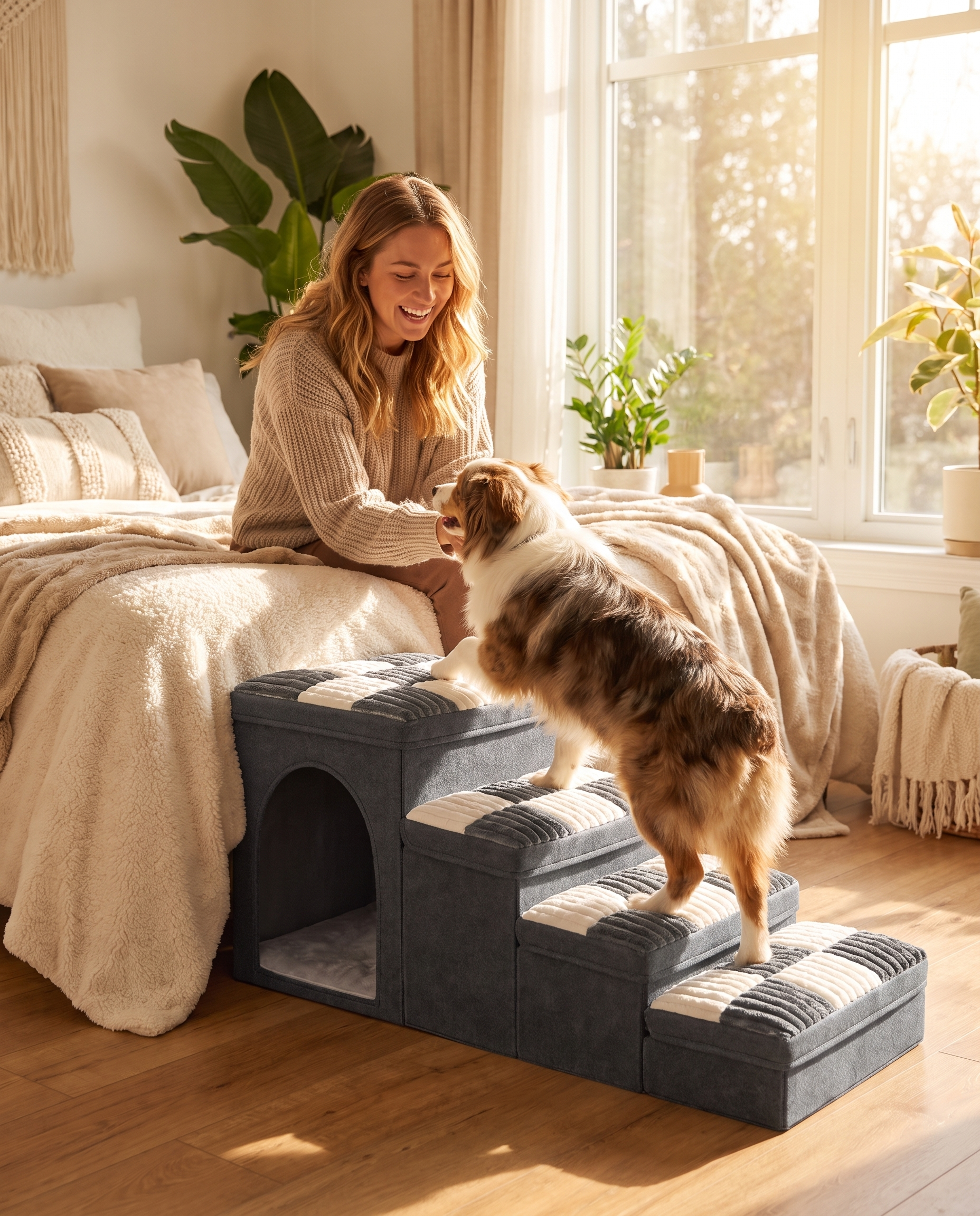 A woman smiling at her small dog as it climbs the gray Rook checkered dog stairs by the bed
