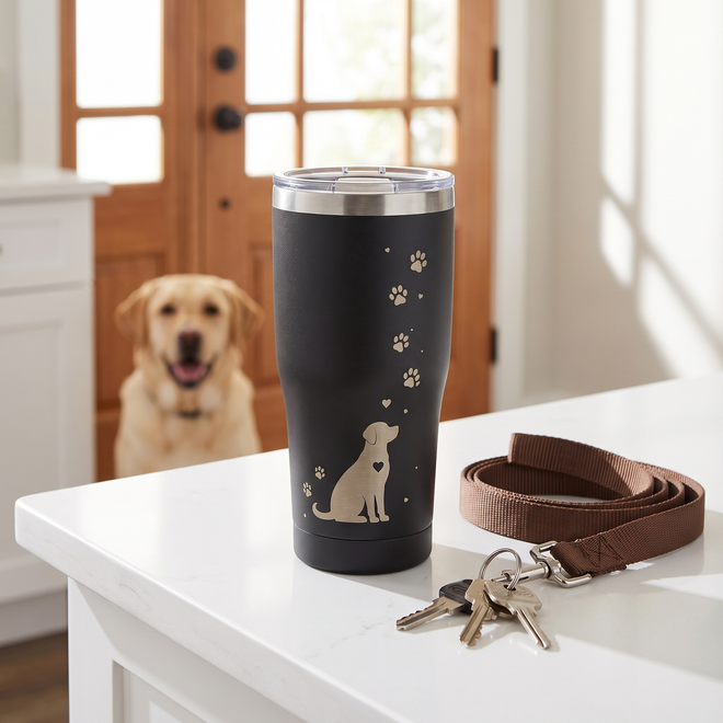 Bond dog mom tumbler on a kitchen counter beside a dog leash and keys with a Labrador waiting by the door