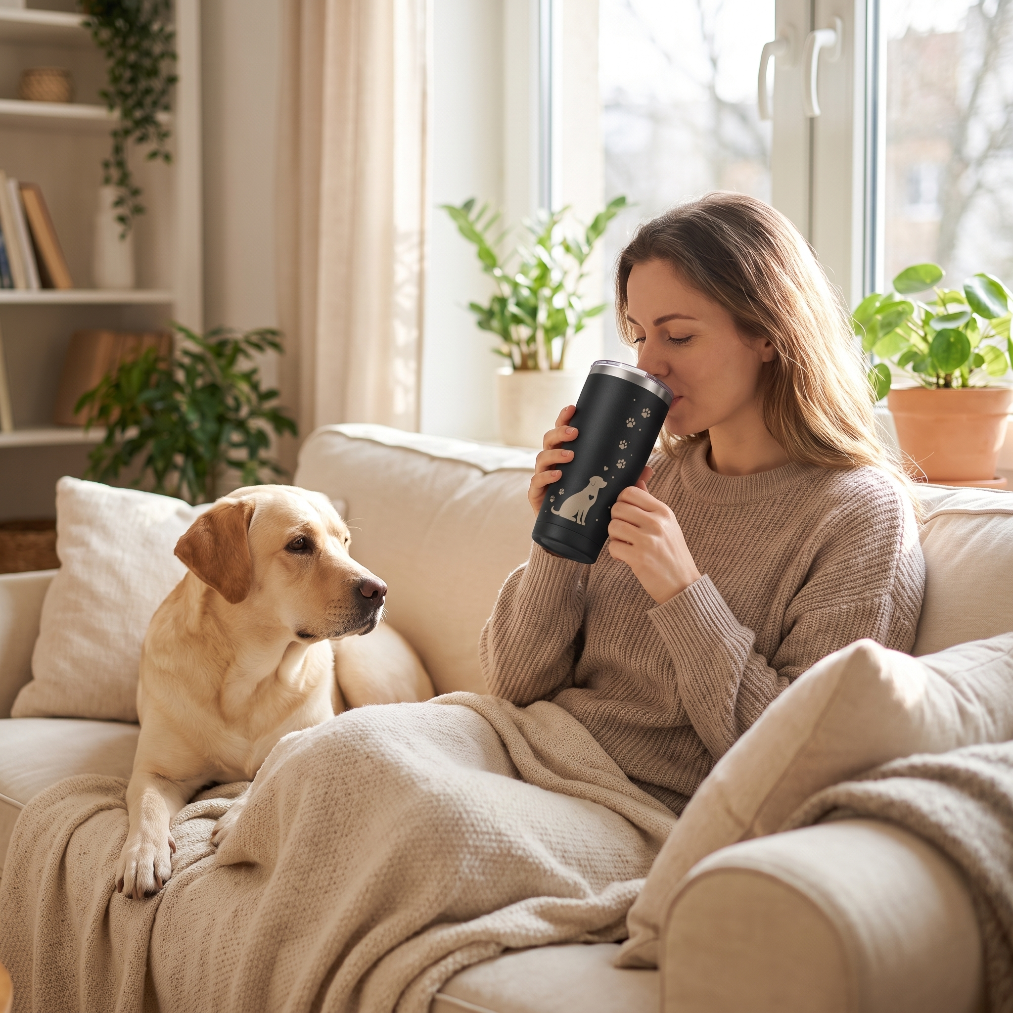 Woman sipping from the Bond dog mom tumbler on the couch with her Labrador beside her