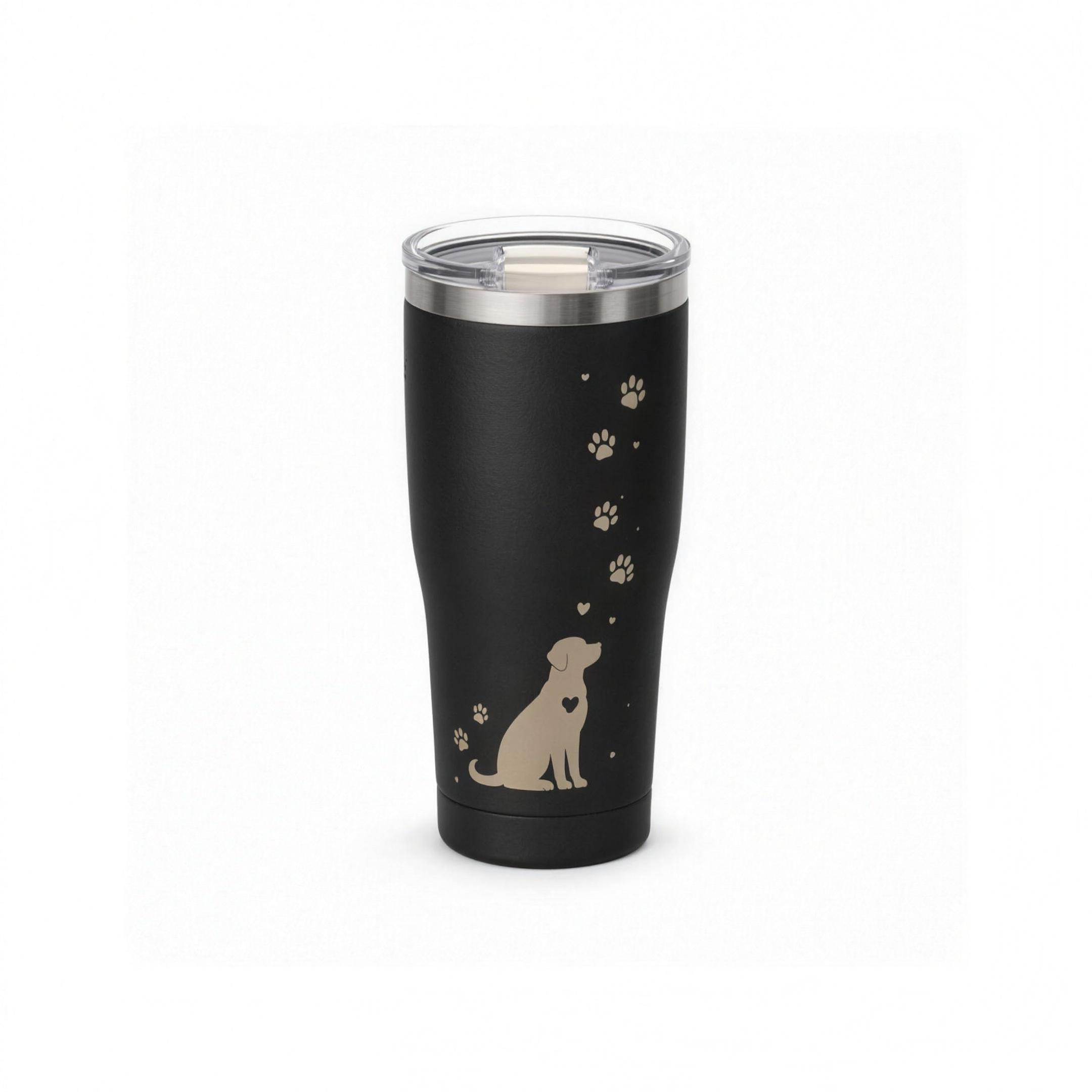 Bond 40oz Dog Mom Tumbler in matte black with a laser-engraved sitting dog and paw-print trail