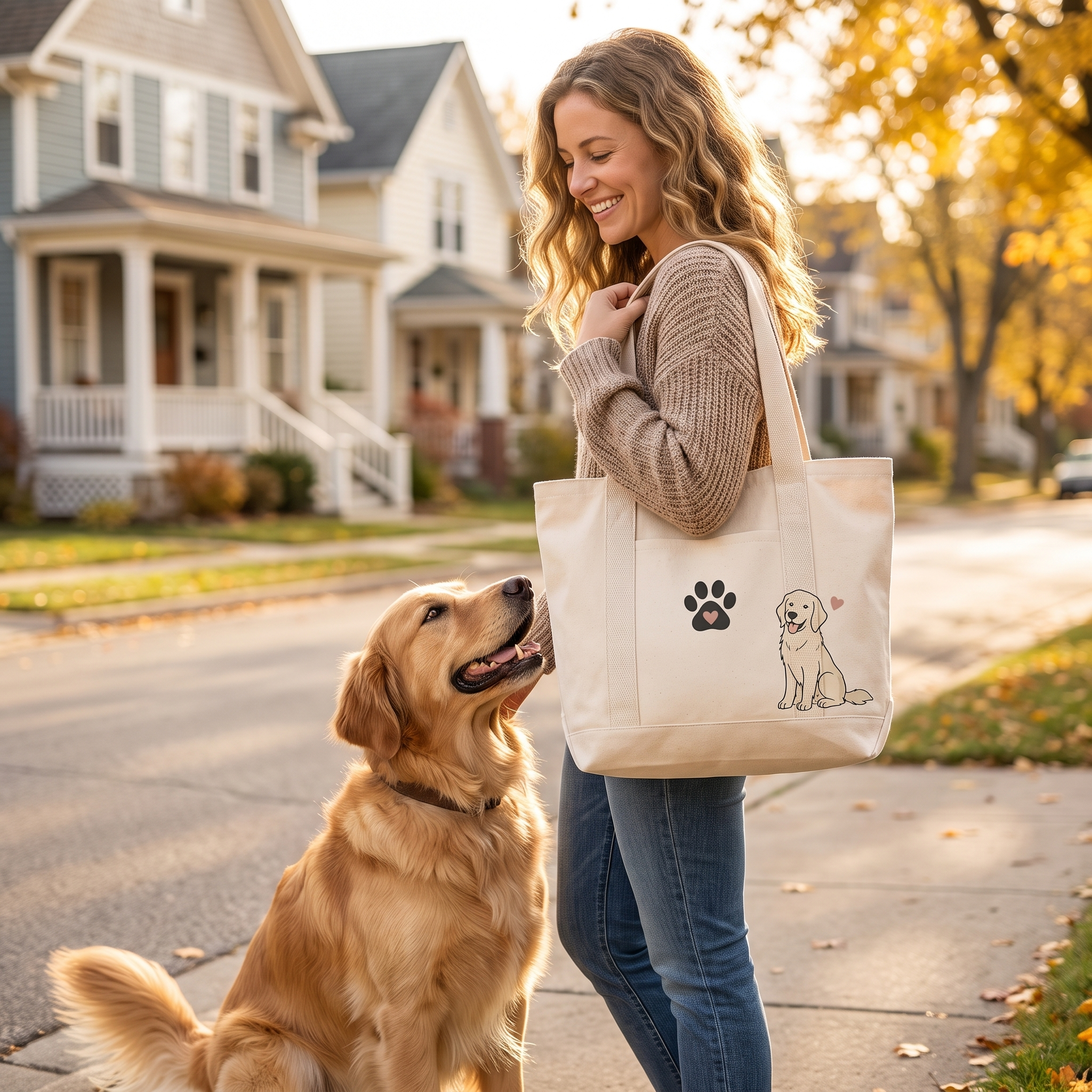 Woman carrying the Fetch dog mom tote bag on her shoulder with her golden retriever looking up