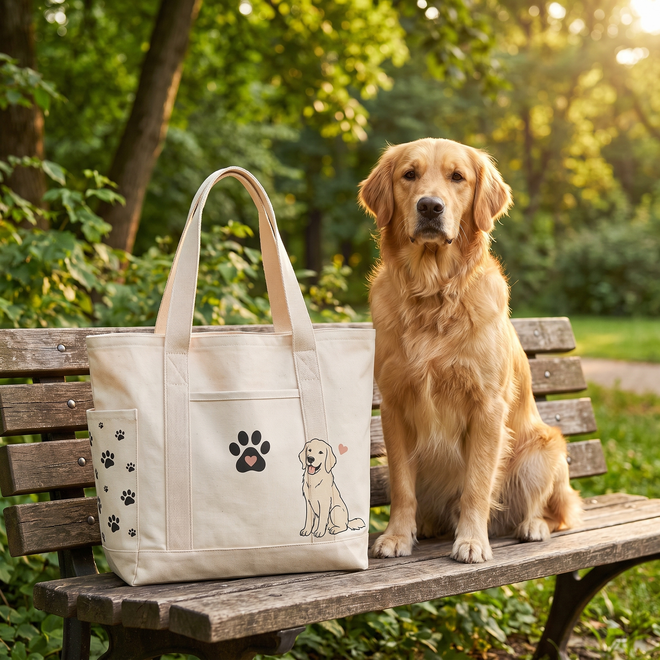 Fetch dog mom tote bag resting on a park bench with a golden retriever sitting beside it