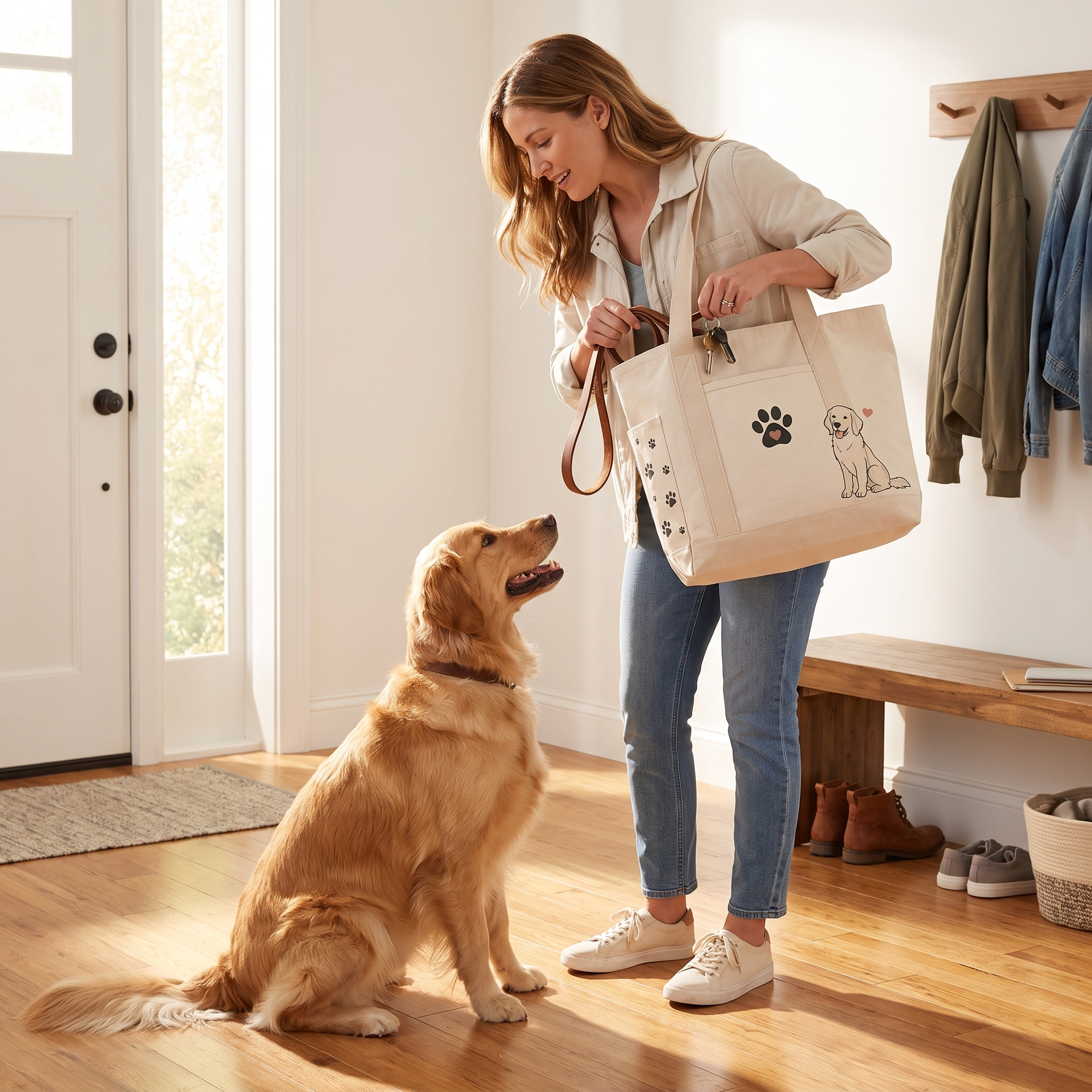 Woman tucking a leash into the Fetch dog mom tote bag as her golden retriever waits by the door