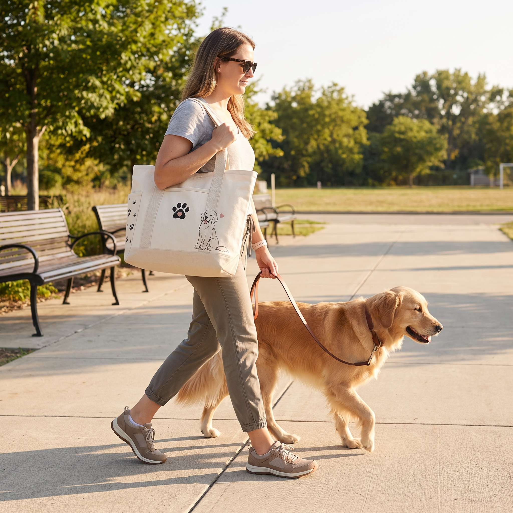 Woman walking her golden retriever while carrying the Fetch dog mom tote bag on her shoulder