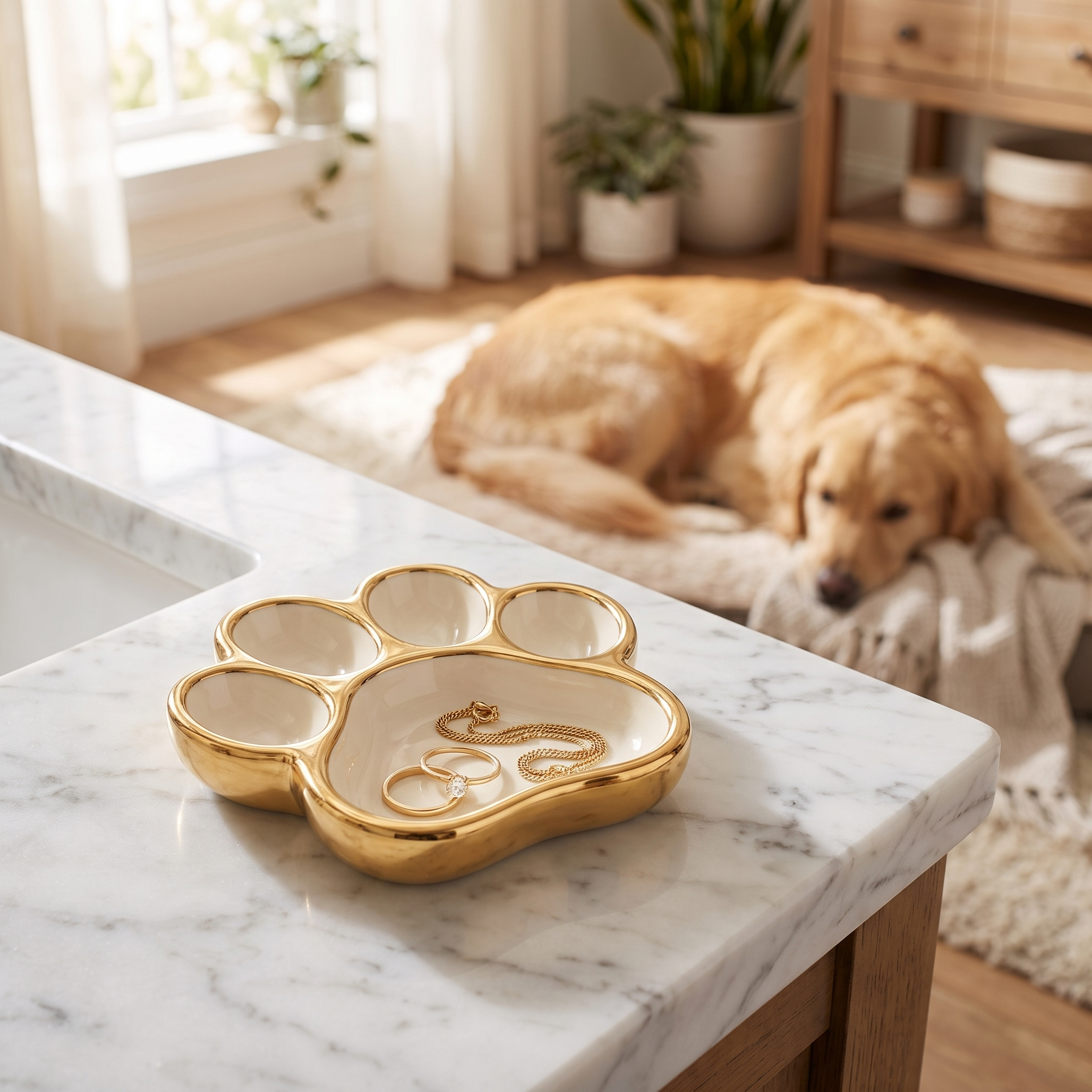 Keepsake dog paw ring dish on a marble vanity holding rings with a golden retriever resting nearby