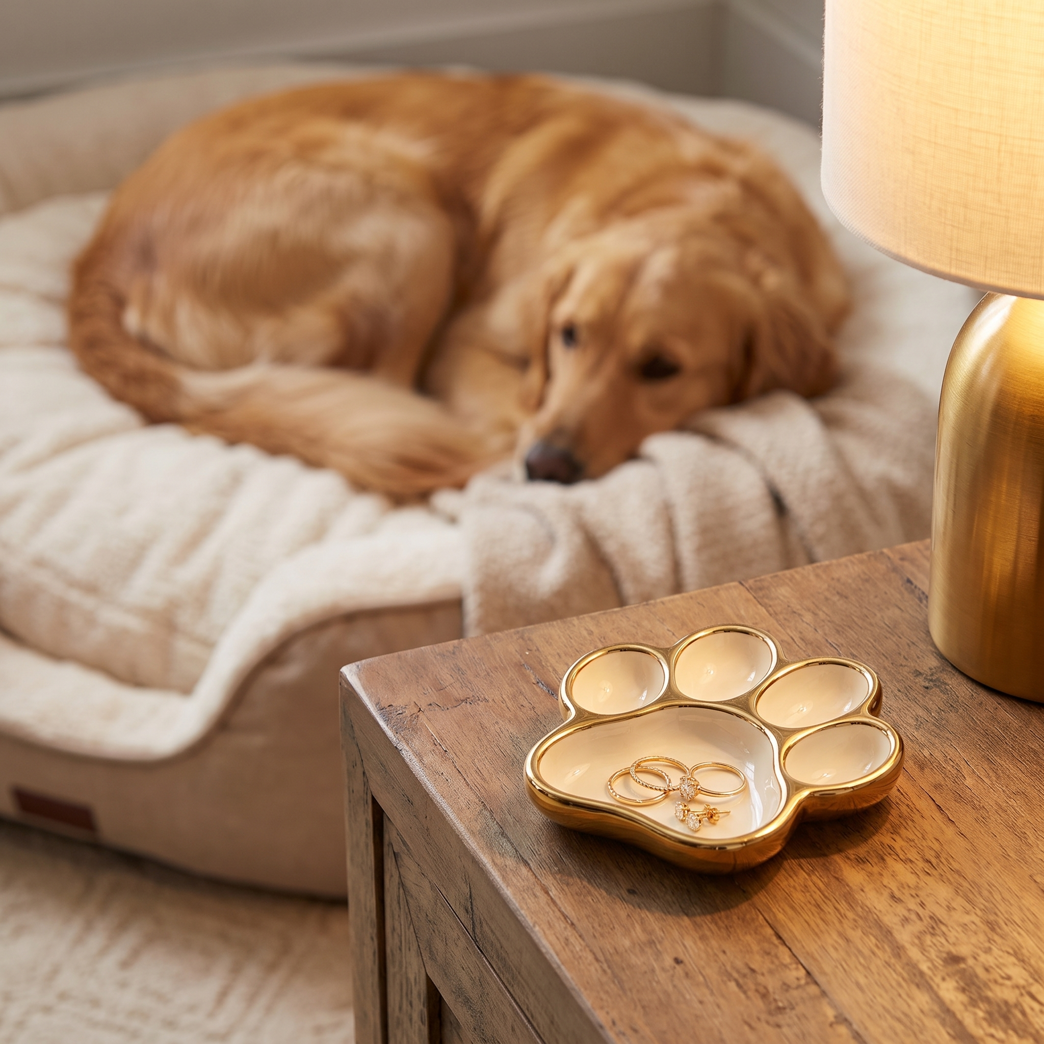 Keepsake dog paw ring dish on a nightstand with a golden retriever resting on the bed behind