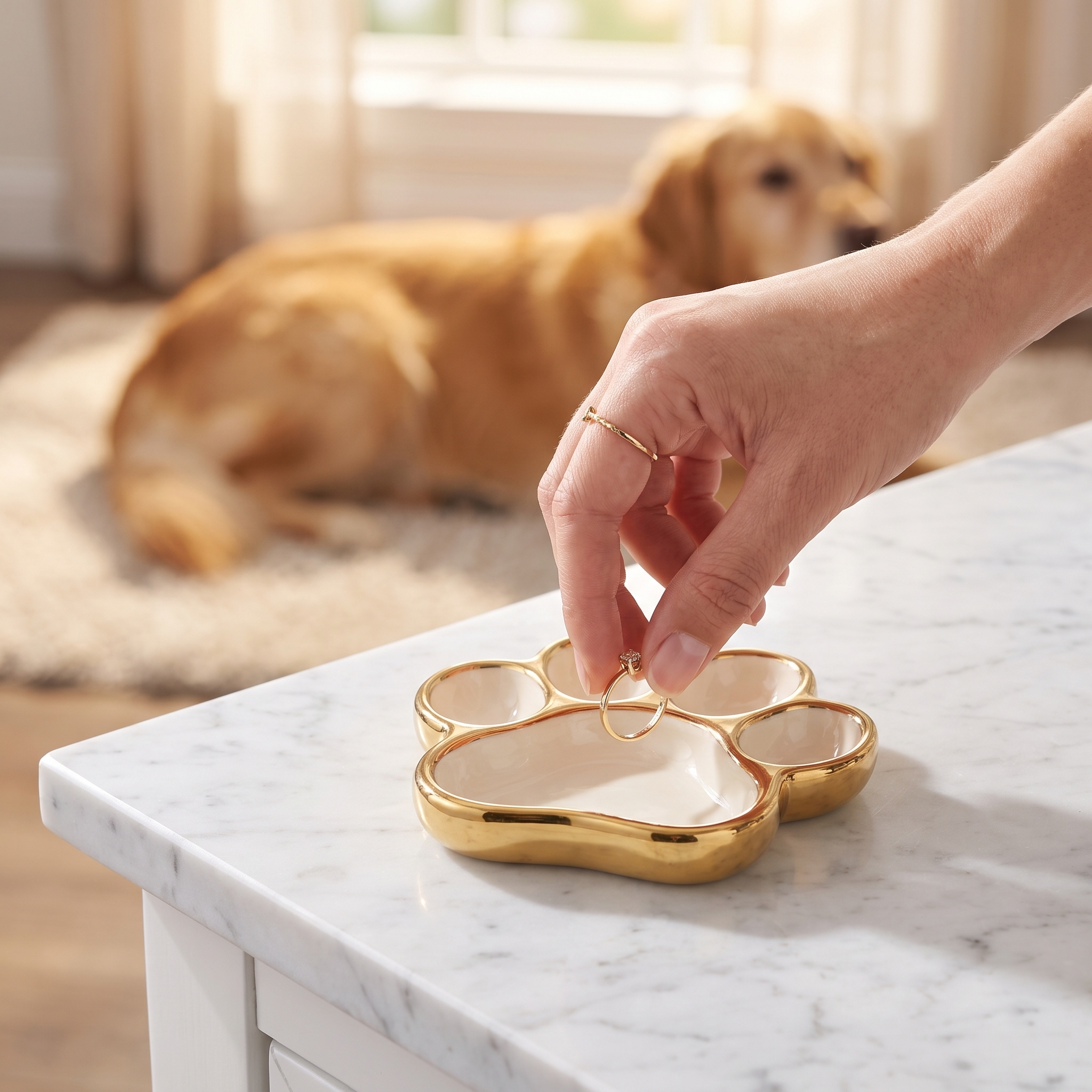 Hand setting a ring into the Keepsake dog paw ring dish with a golden retriever resting nearby