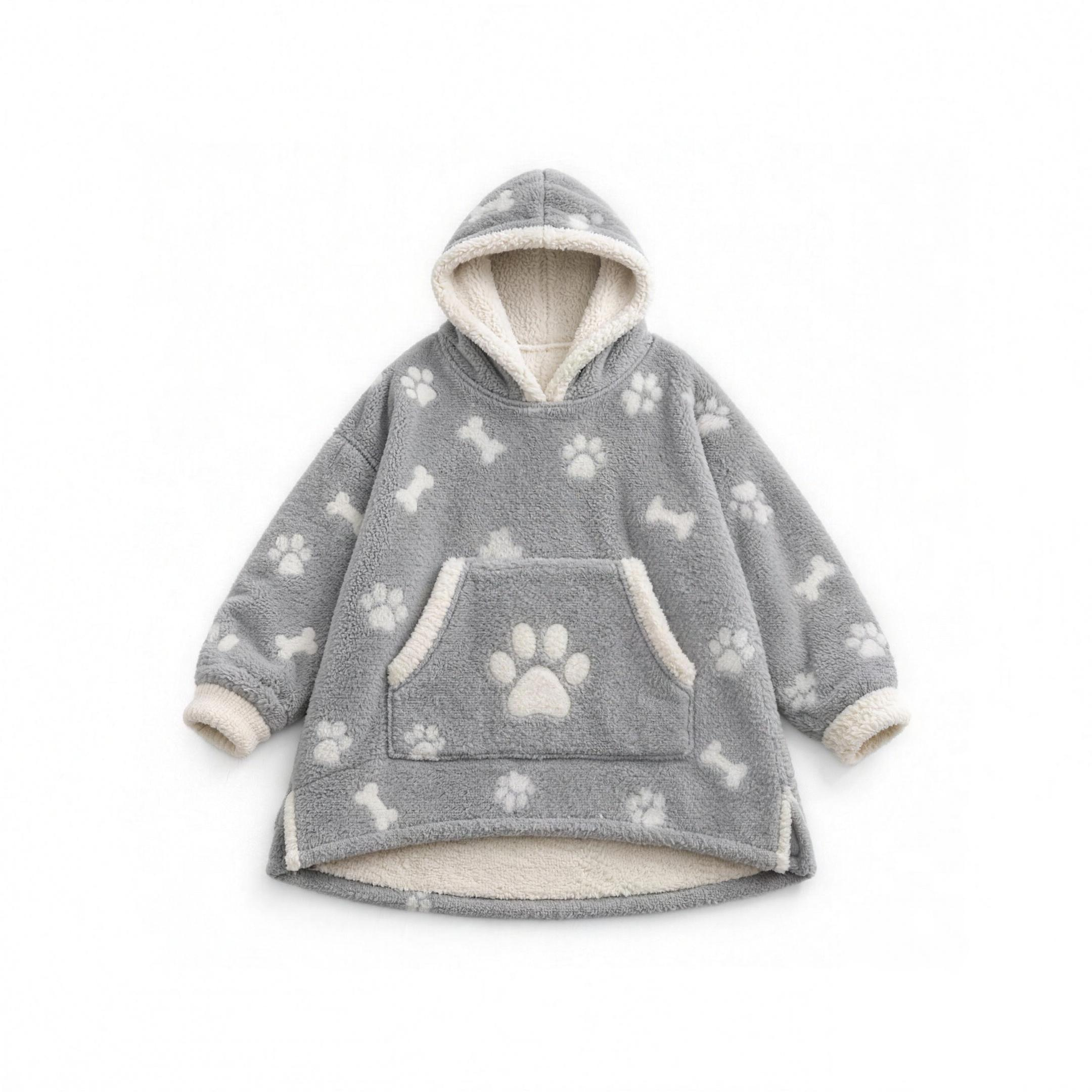 Cuddle Paw Print Blanket Hoodie in grey sherpa with a cream paw-print and dog-bone pattern