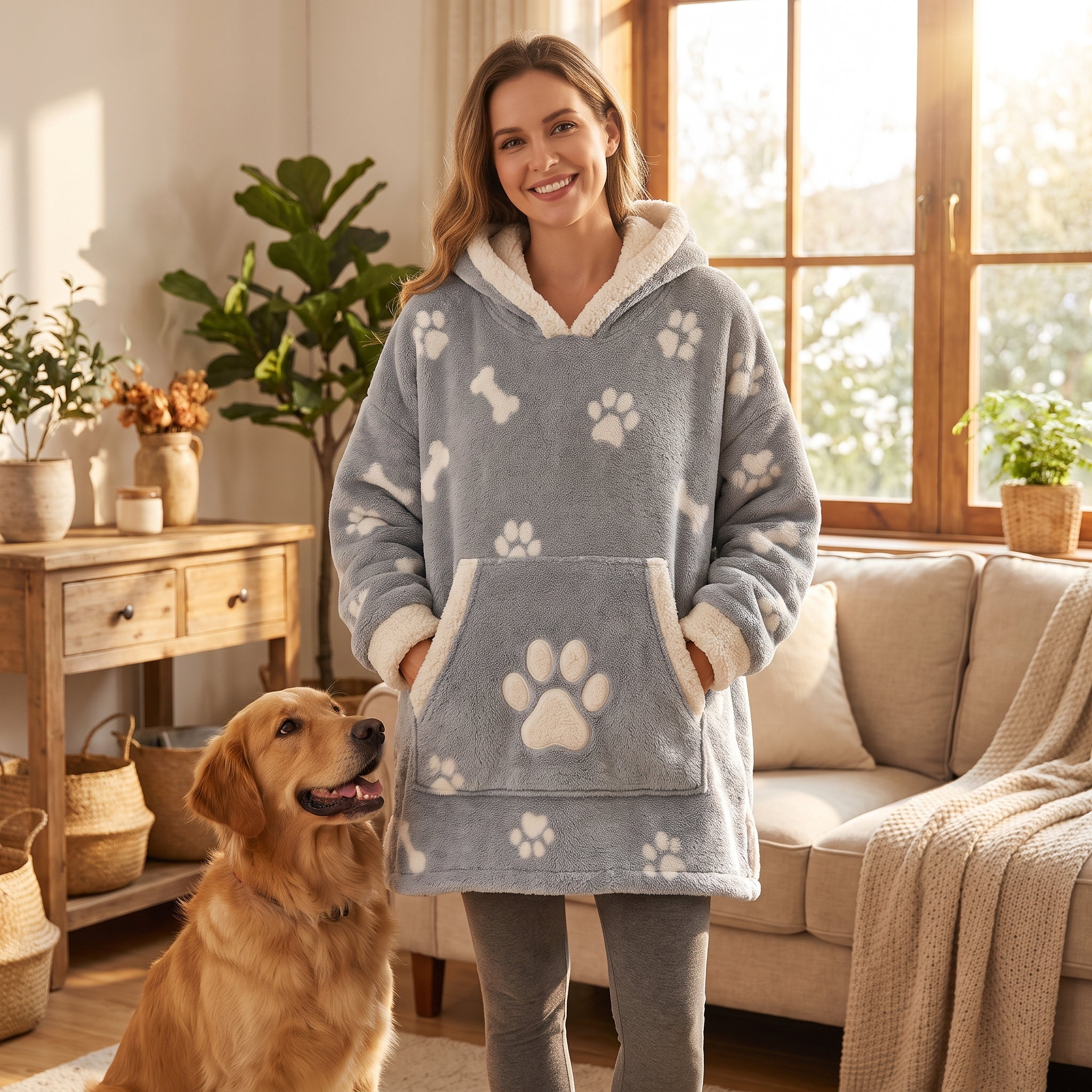 Woman wearing the Cuddle oversized paw-print blanket hoodie with hands in the front pocket, golden retriever beside her