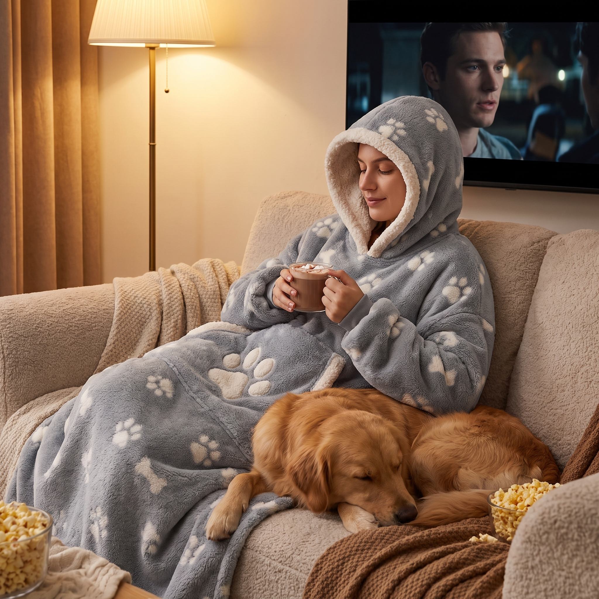 Woman snuggled in the Cuddle blanket hoodie hood-up on the couch with her golden retriever on her lap
