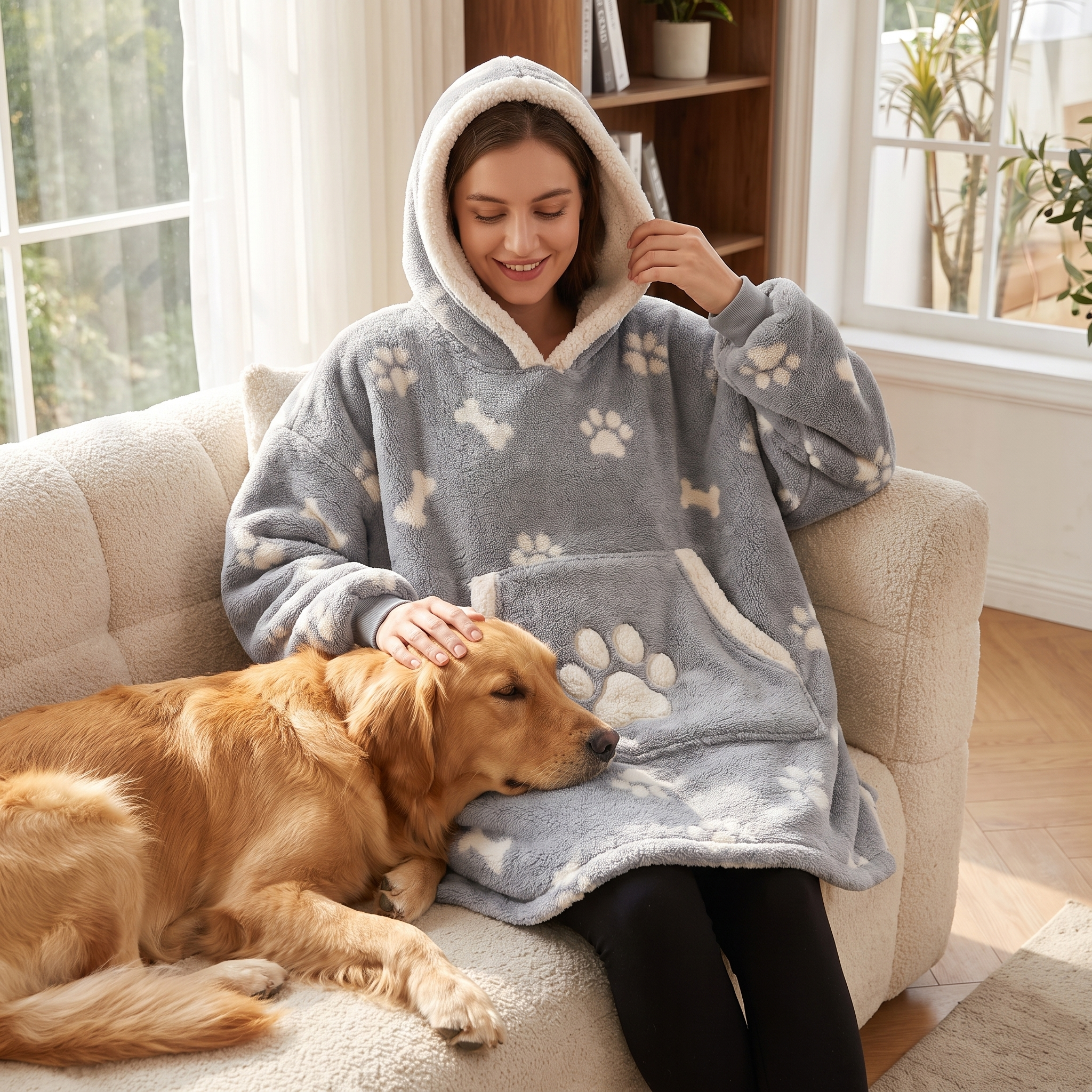 Woman relaxing in the Cuddle blanket hoodie on the couch with her golden retriever beside her