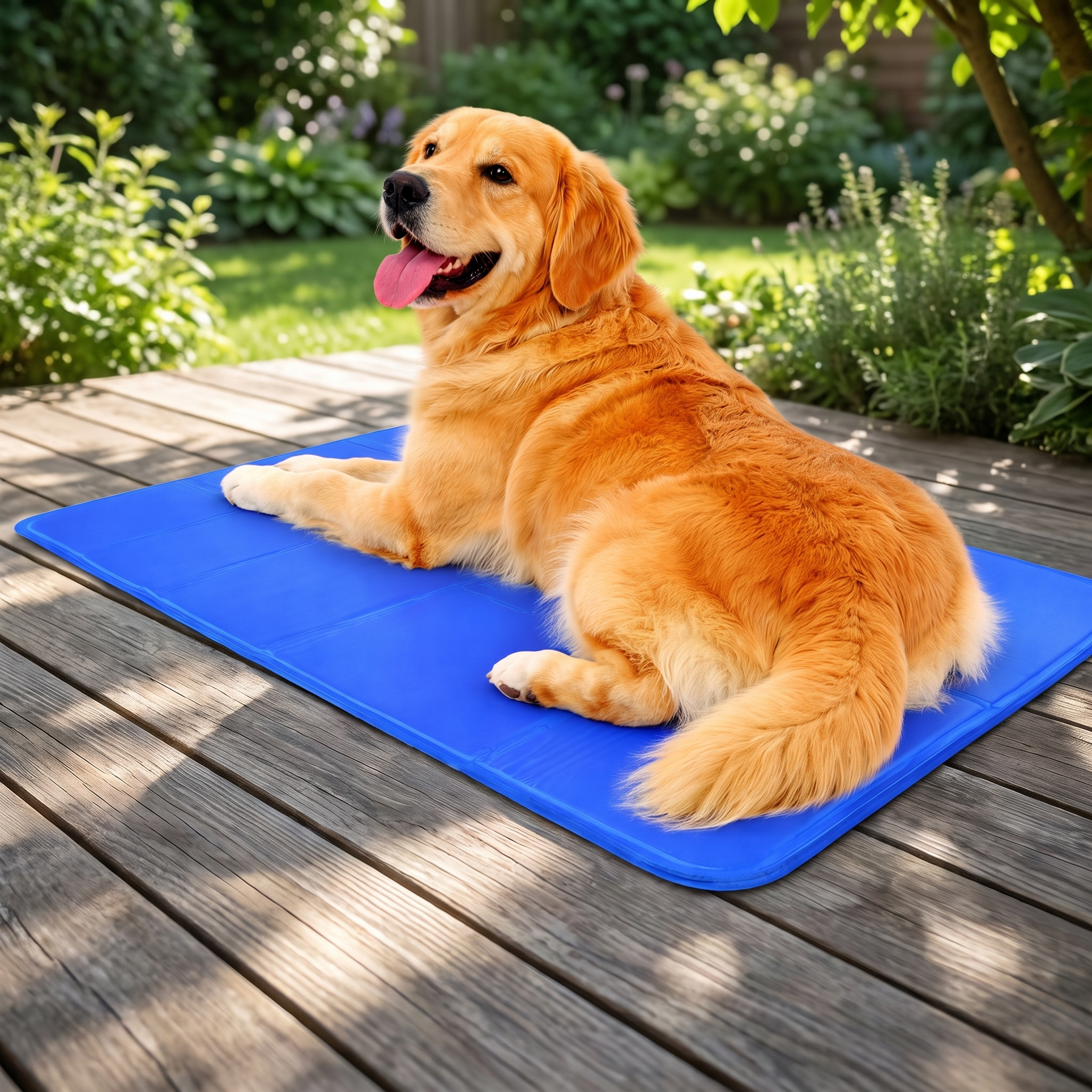 Golden retriever lying on the Polar dog cooling mat on a shaded patio on a hot summer day