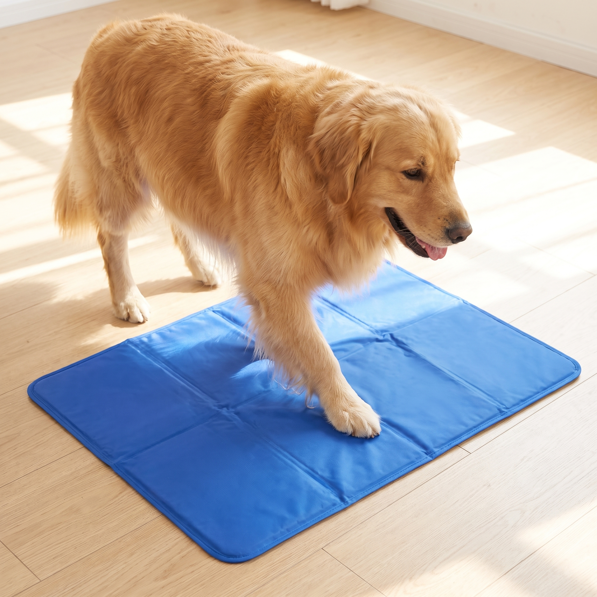 Golden retriever stepping onto the Polar blue gel dog cooling mat to cool off