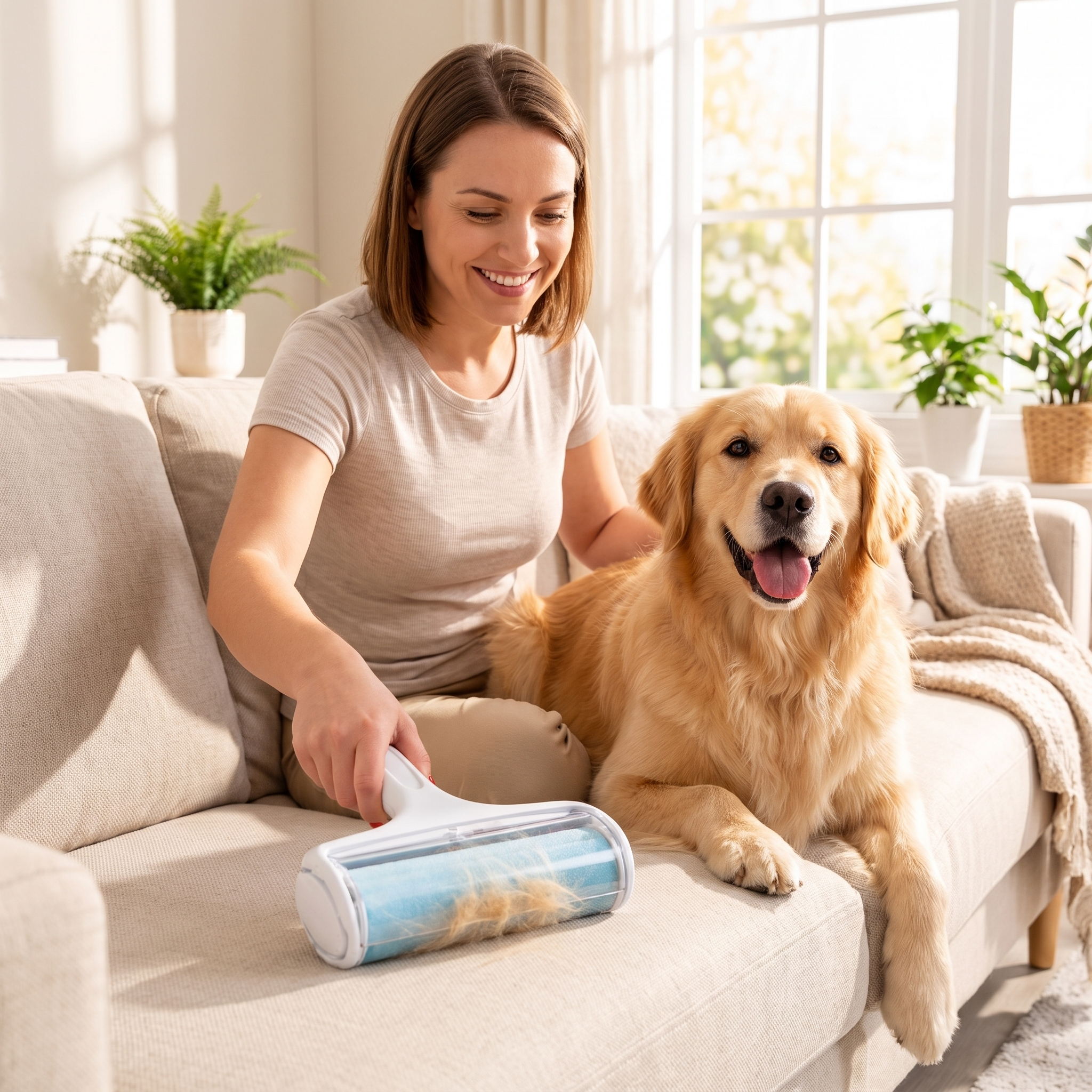 Woman using the Fuzz dog hair remover on a sofa with her golden retriever beside her