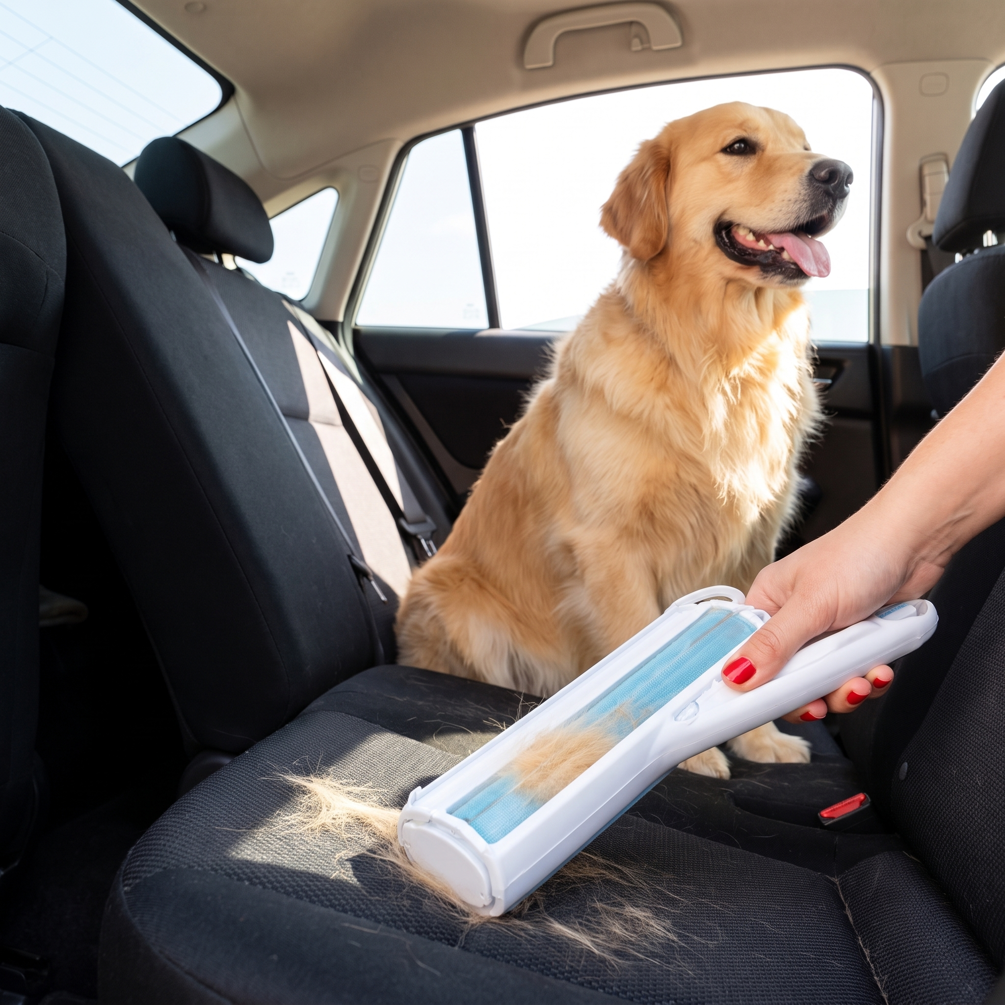 Cleaning golden dog hair off a car back seat with the Fuzz dog hair remover