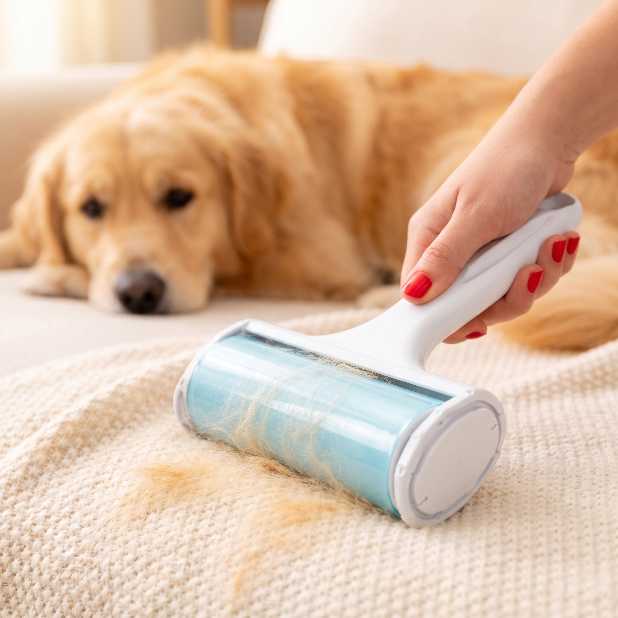 Rolling the Fuzz dog hair remover across a blanket to lift golden dog hair