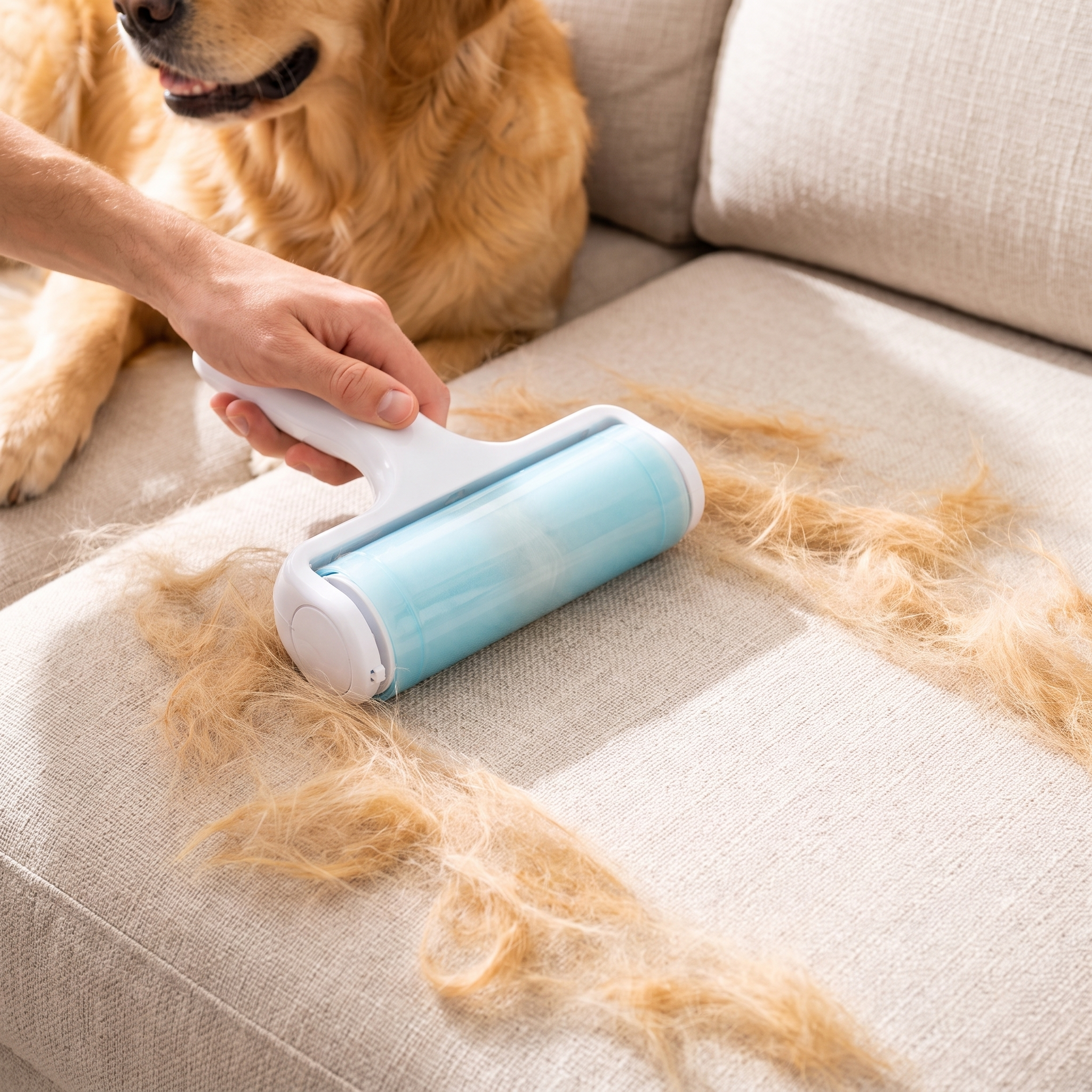 Rolling the Fuzz dog hair remover over a couch cushion to remove dog hair