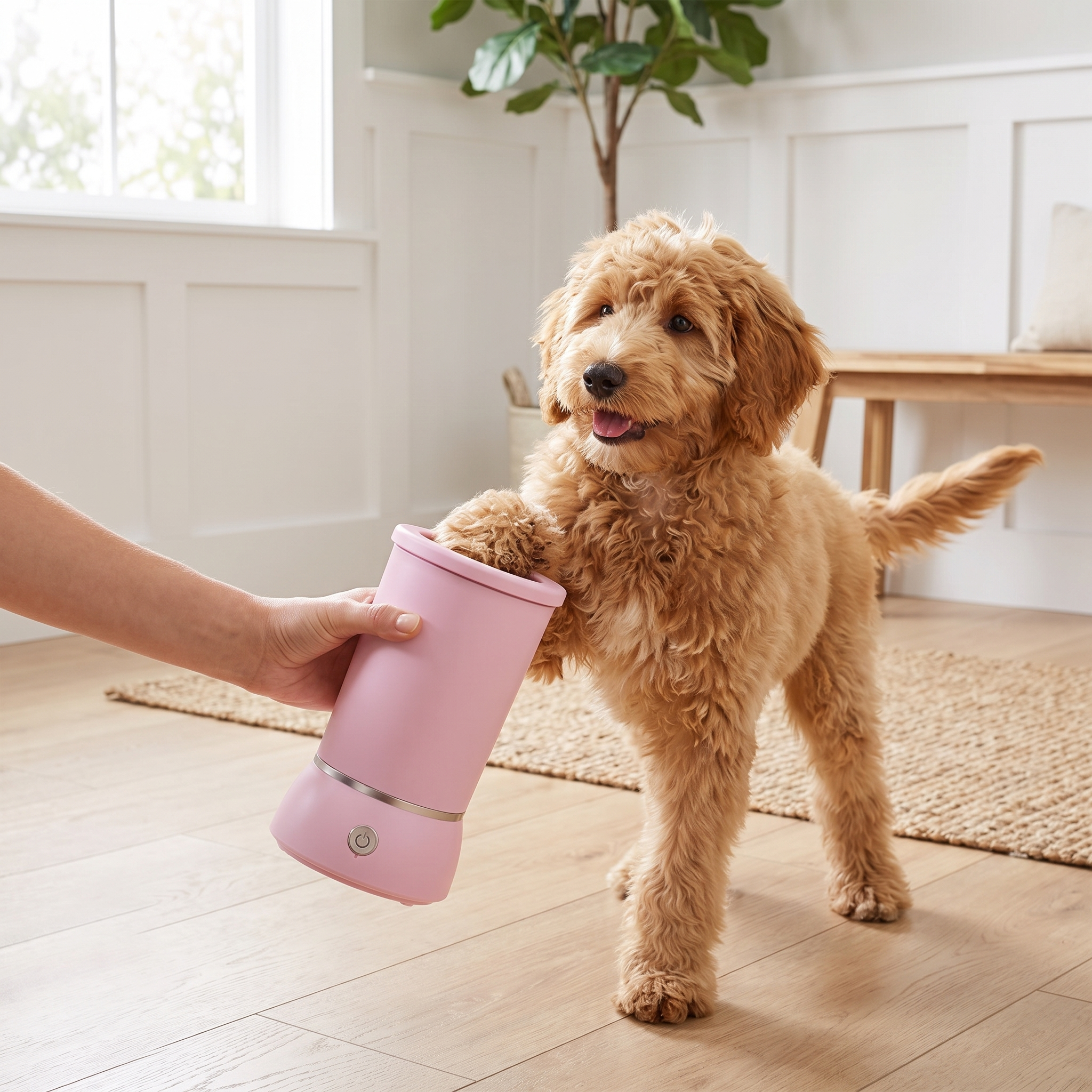 Fluffy doodle having its paw cleaned in the pink Dip automatic dog paw cleaner