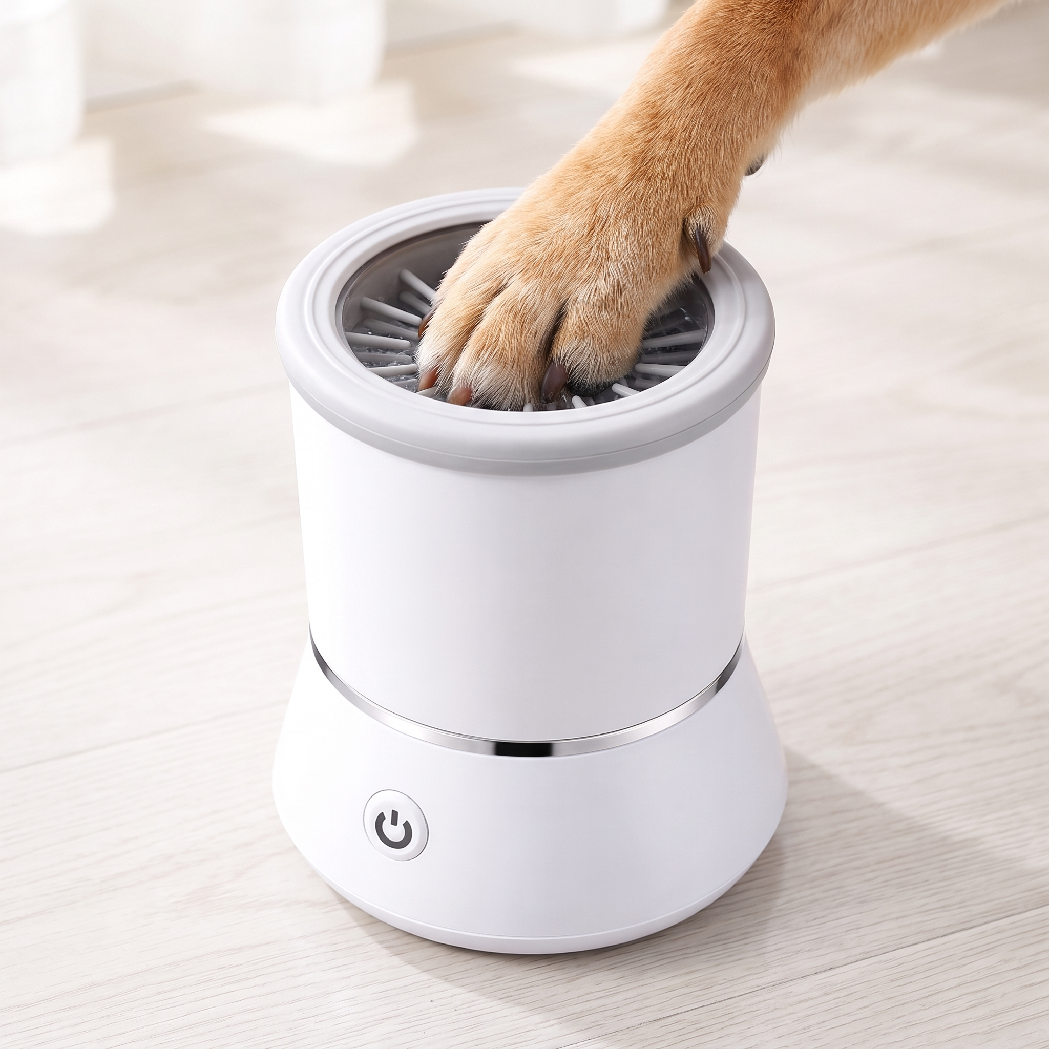 Dog's paw resting inside the white Dip automatic dog paw cleaner