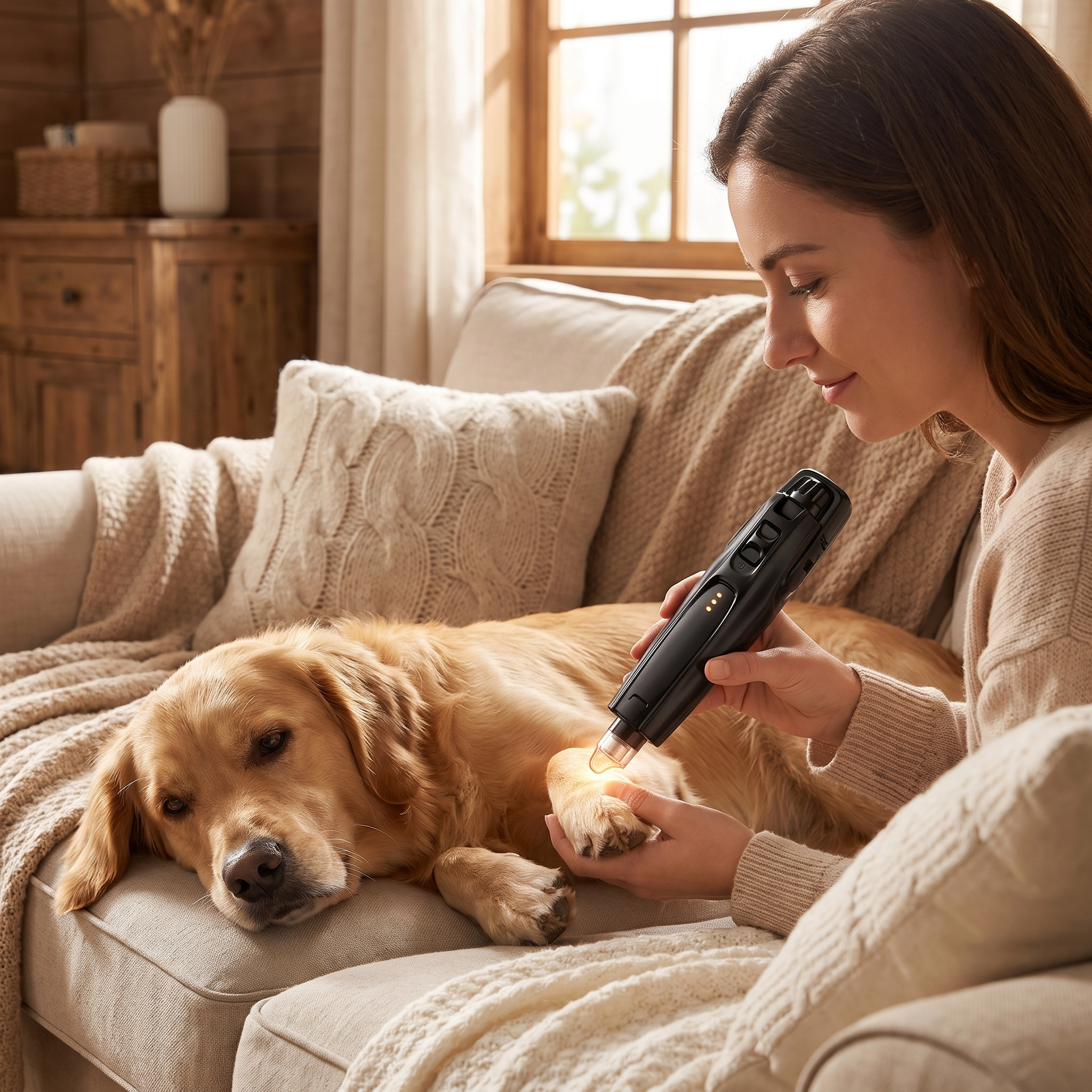 Woman gently grinding her golden retriever's nail with the Buff cordless dog nail grinder