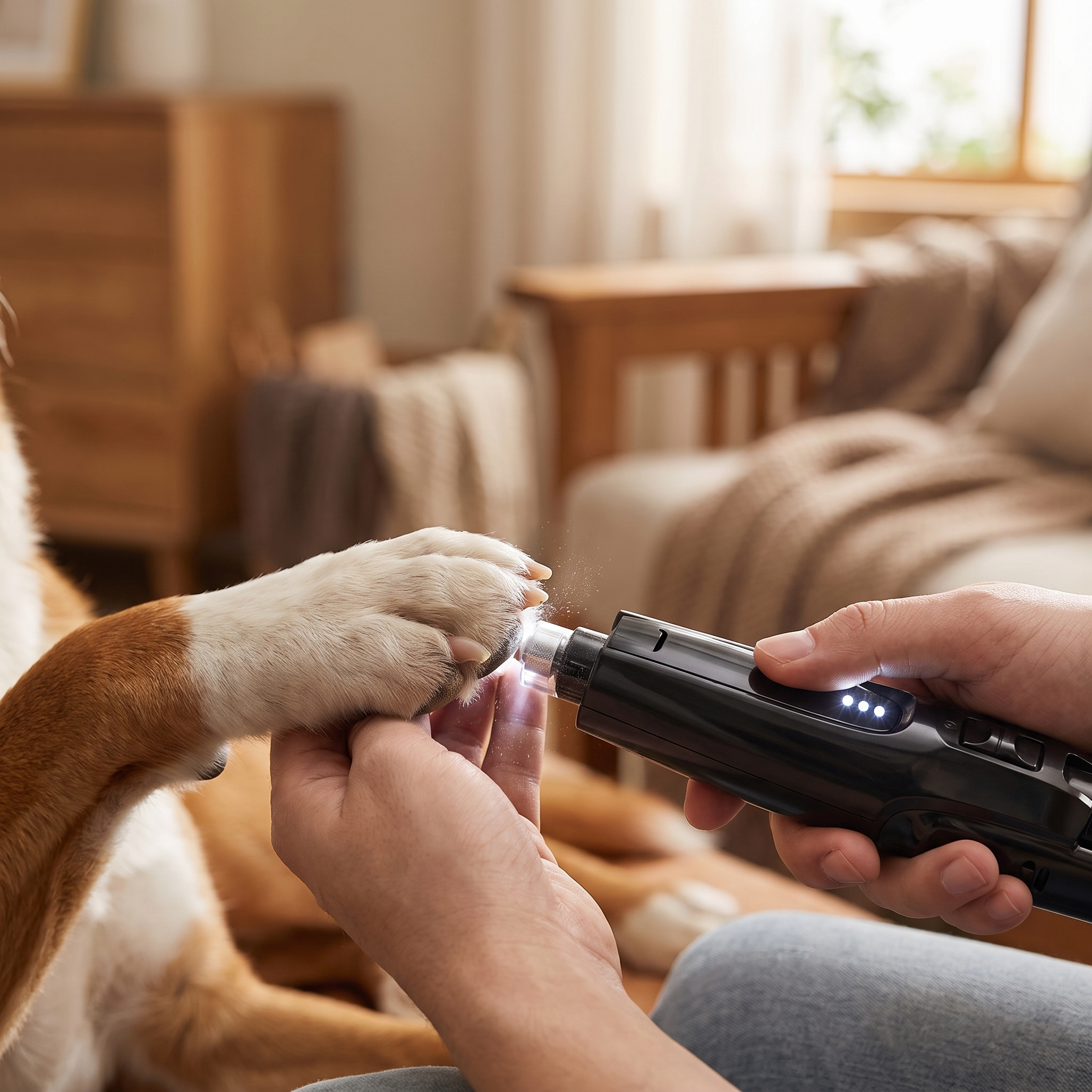 Close-up of the Buff dog nail grinder's LED light illuminating a dog's nail while grinding