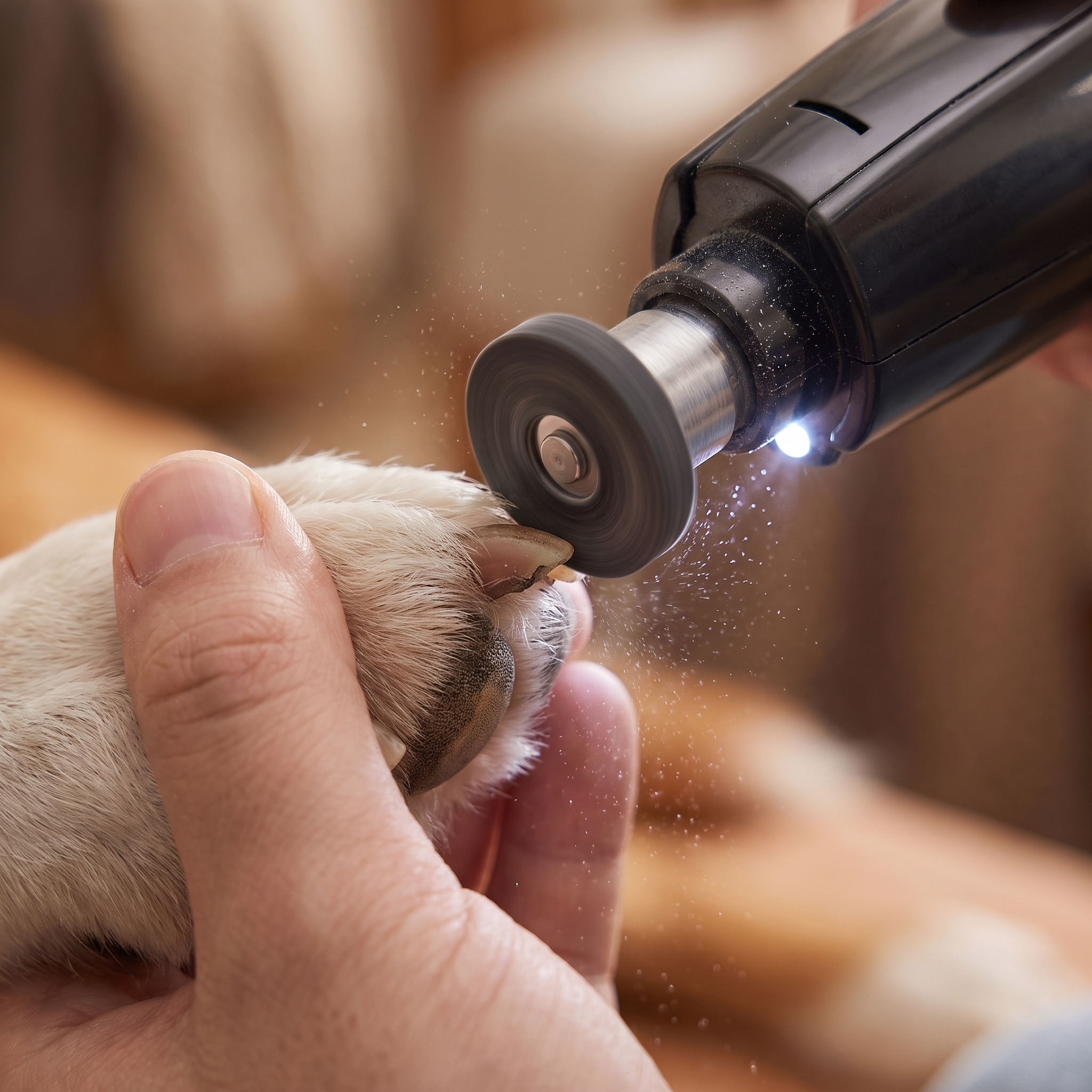 Close-up of the Buff dog nail grinder grinding the tip of a dog's nail with the LED light on