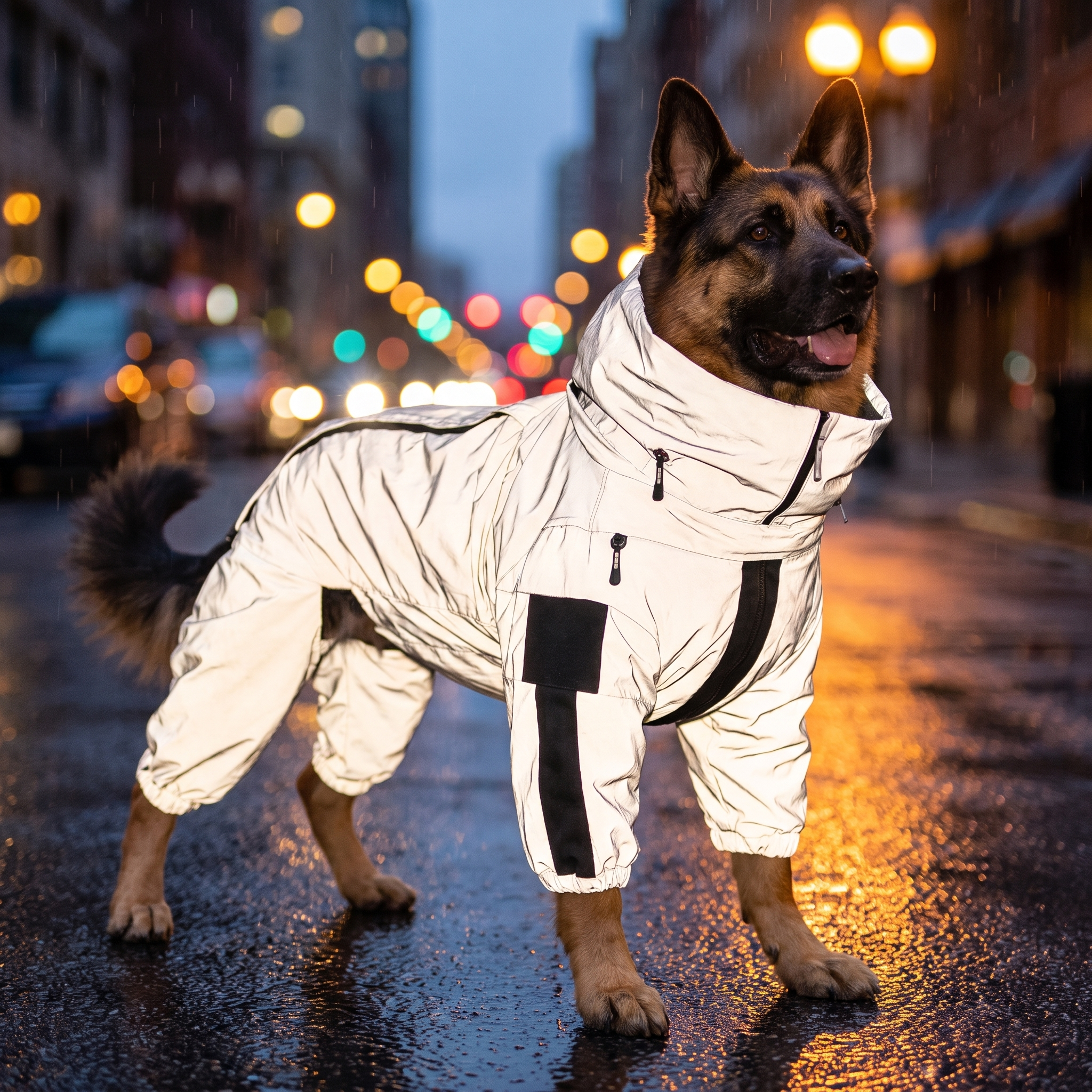 Dog in the Drizzle reflective dog rain coat glowing on a wet street at dusk